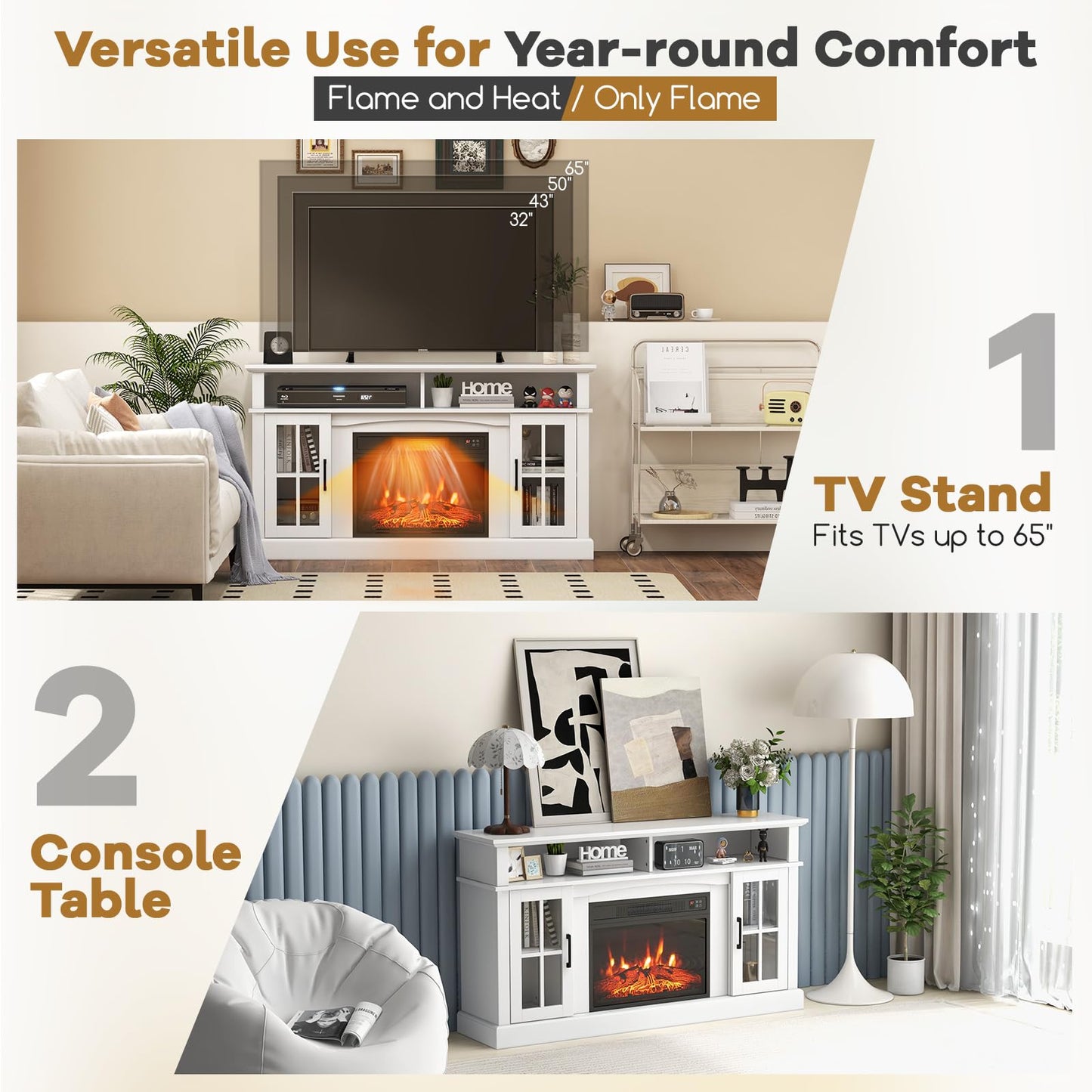 CLEEMAN Electric Fireplace TV Stand for TVs up to 65”, Media TV Console w/ 23” Fireplace Insert Heater, Remote Control, 3-Level Flame, Overheat Protection, Entertainment Center for Living Room (White)