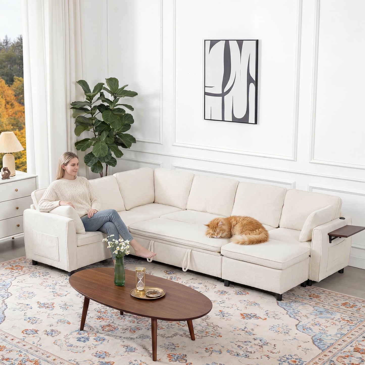 Modular Sectional Couch with Pull Out Sofa Bed, 116" U Shaped Modular Cloud Sofa Set with Ottoman, Charging Port & Foldable Side Table, 7 Seater Comfy Chenille Sleeper Couch for Living Room, Beige