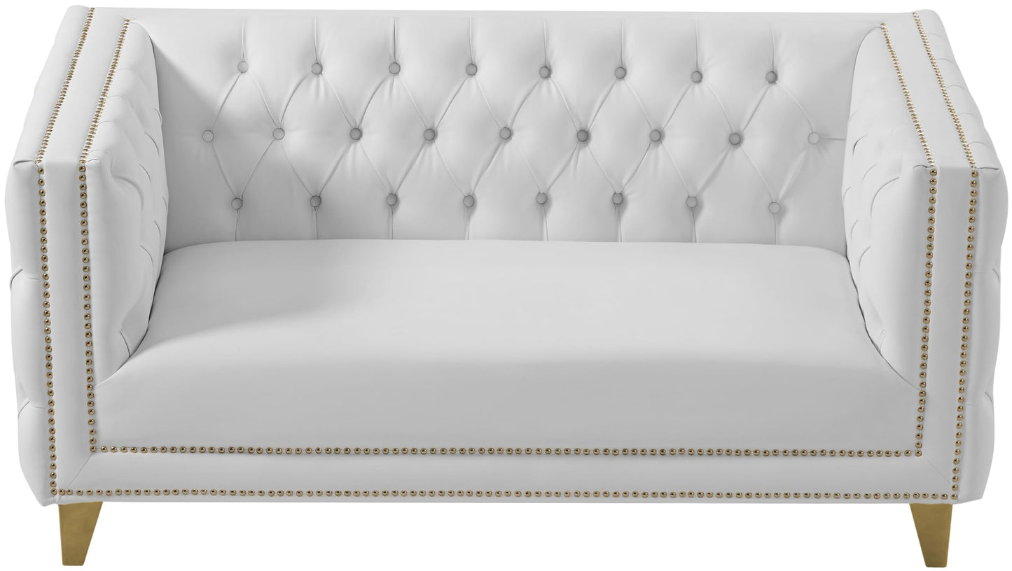 Meridian Furniture 651White-L Michelle Collection Modern | Contemporary Loveseat with Deep Button Tufting, Gold Nailhead Trim and Sturdy Gold Iron Legs, White Vegan Leather, 66" W x 34" D x 30" H