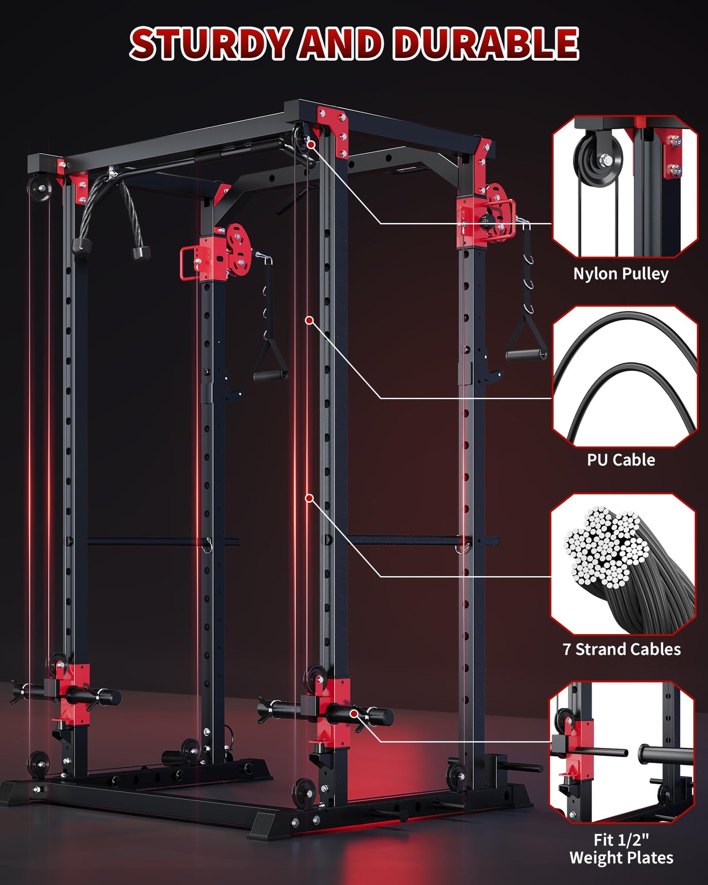 GarveeLife Power Cage with Dual Pulley System, 1600LB Multi-Function Squat Rack with Cable Crossover & LAT Pull Down, All-in-One Home Gym Strength Training Cage for Full Body Workout, Red Black