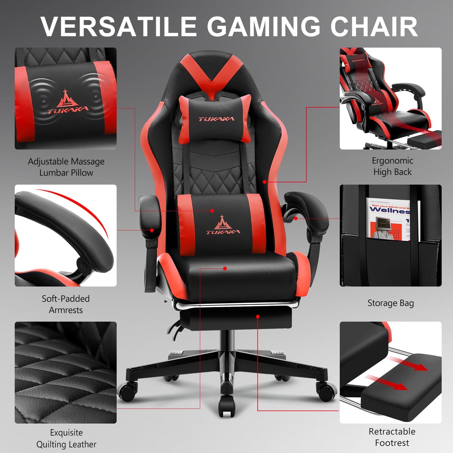 TUKAKA Gaming Chair,Ergonomic Massage Computer Office Desk Chair with Footrest,Pocket Spring Cushion,Reclining Leather Adjustable Gamer Chair with Headrest and Lumbar Support,Red