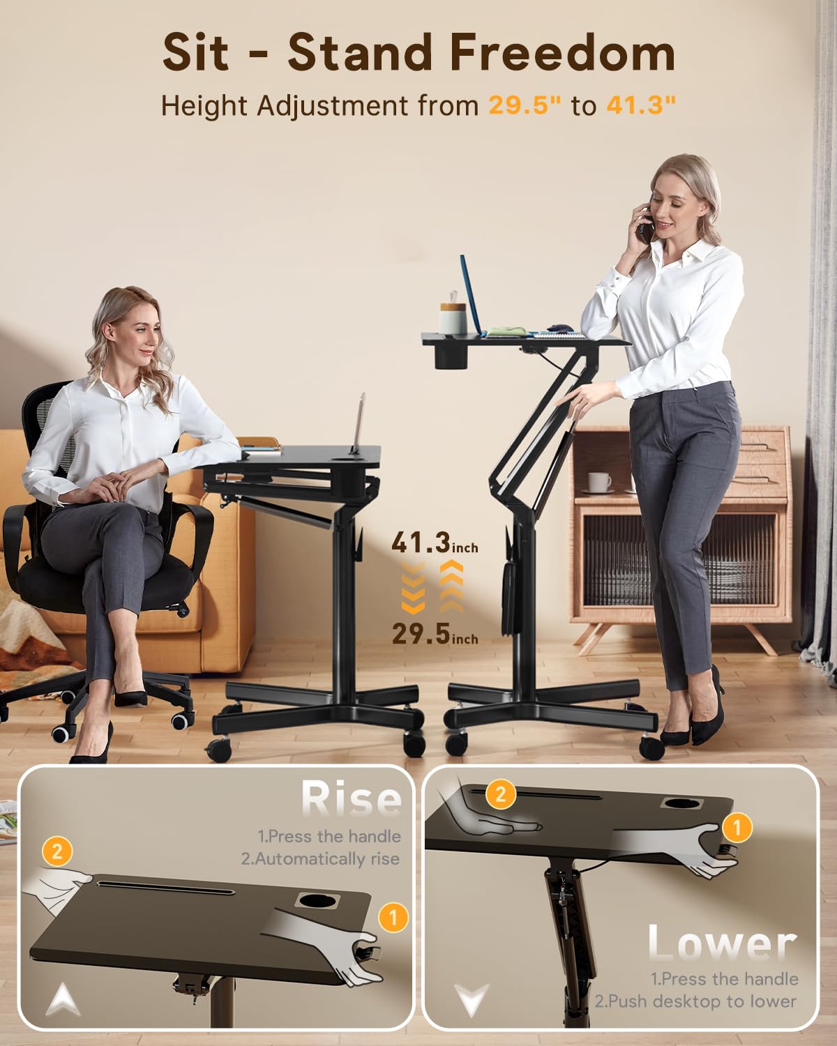 JOY Worker Standing Desk, 28" Small Height Adjustable Rolling Laptop Desk, Portable Sit-Stand with Lockable Wheels, Ergonomic Desktop Table for Home Office, Black