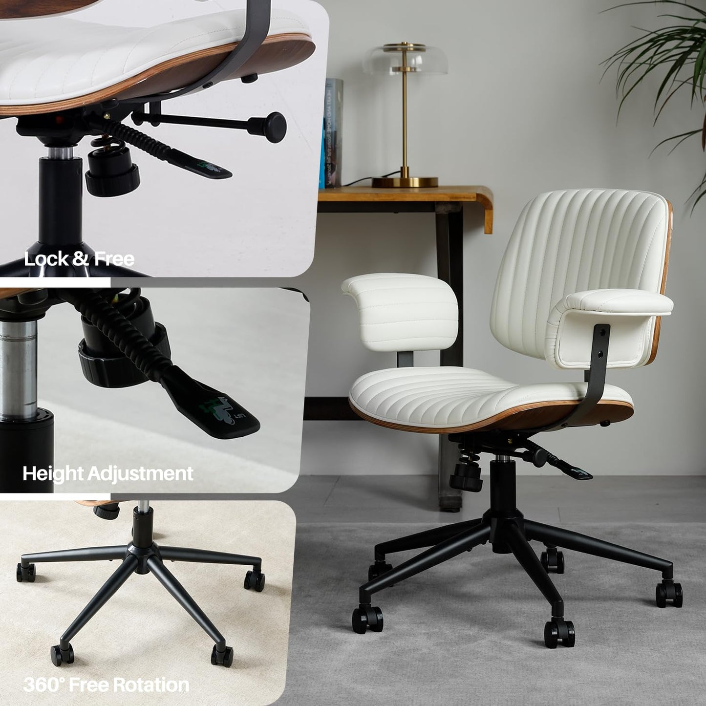 Leather Home Office Chair, Mid-Century Modern Executive Desk Chair with Padded Armrests, 360° Swivel Ergonomic Task Chair,Adjustable Height (PU Leather-Beige)