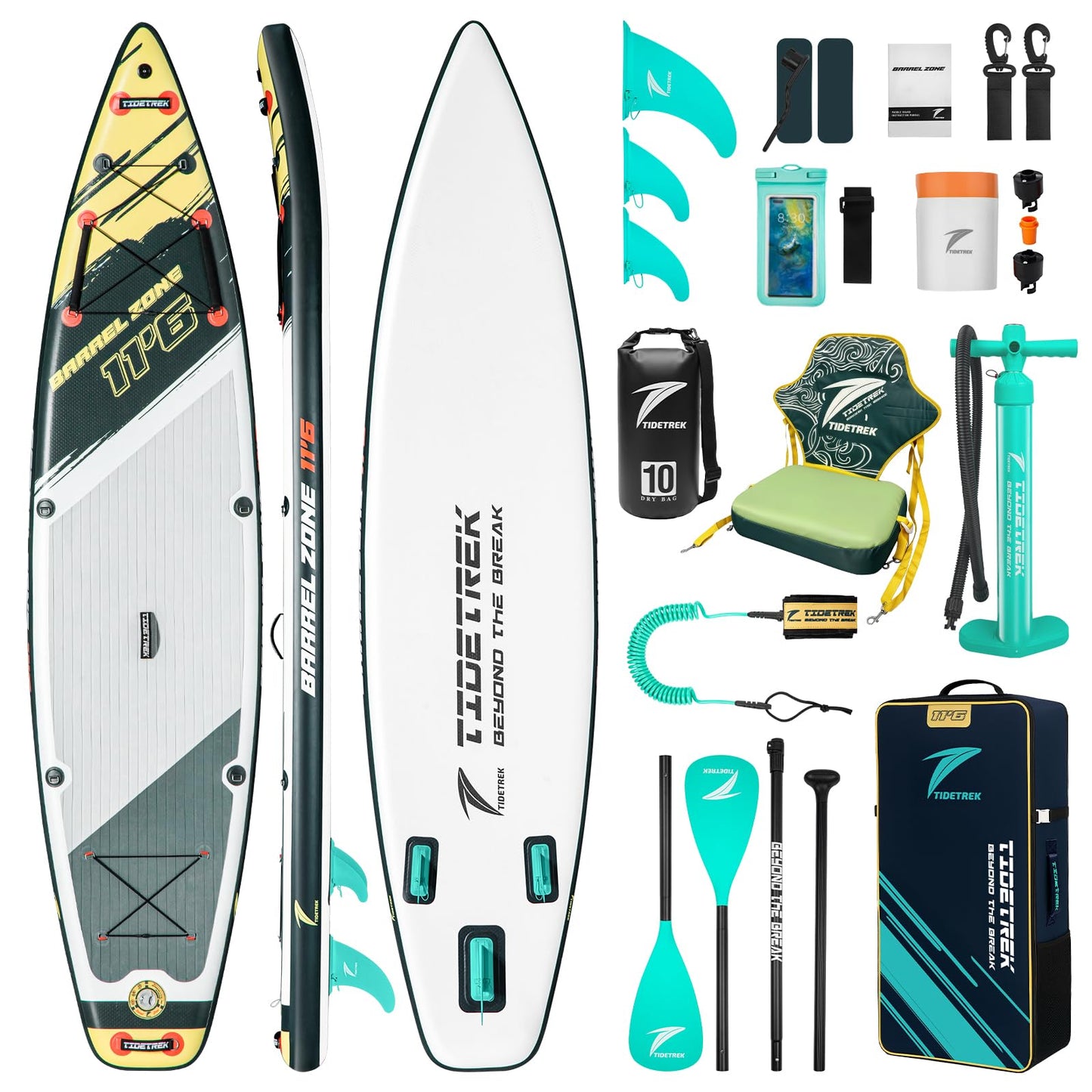 TIDETREK 11'6" Inflatable Stand Up Paddle Boards, Premium SUP Accessories, Non-Slip Comfort Deck for Youth & Adults (Royal Teal/Kayak Seat)