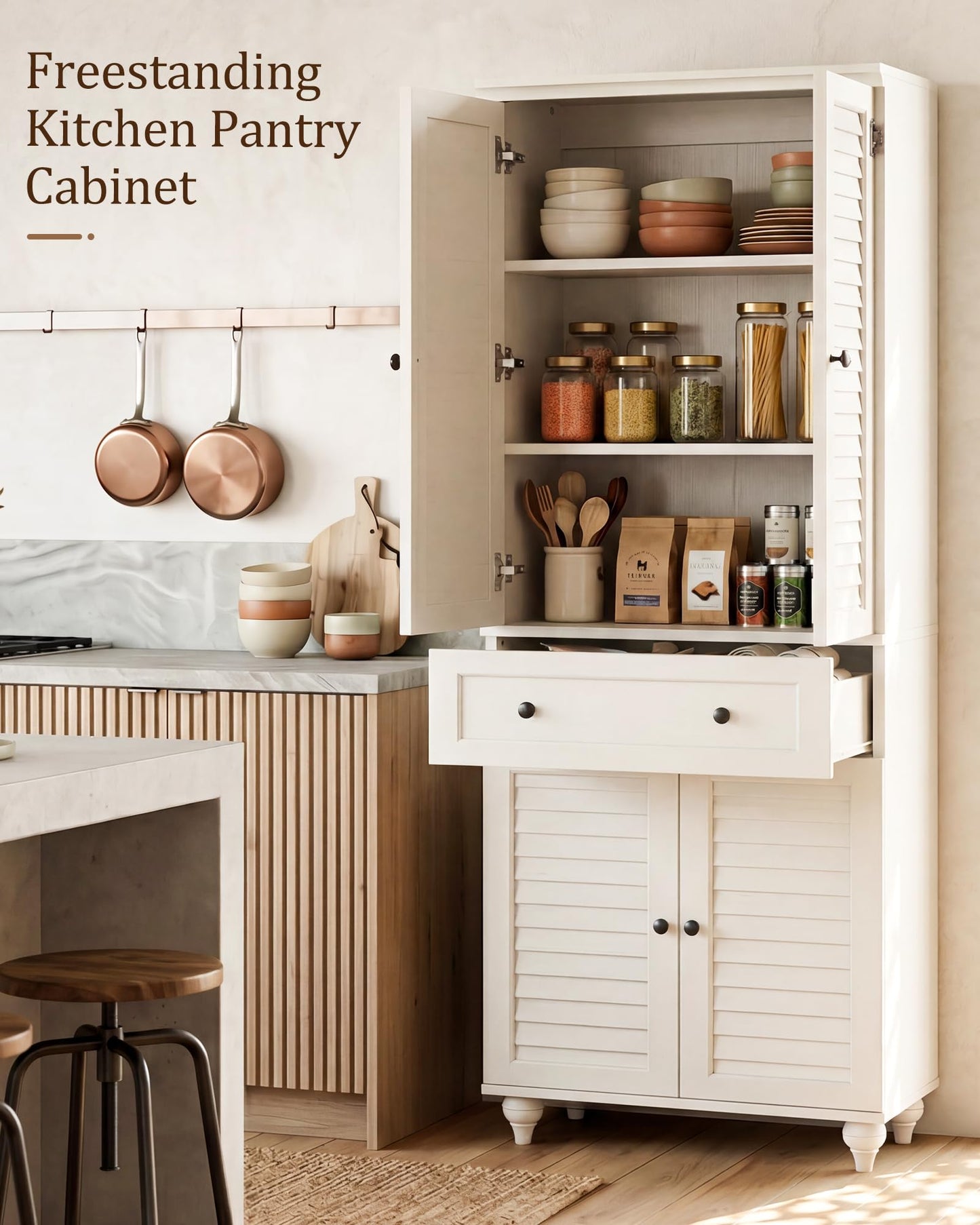 Foxemart 80" Tall Storage Cabinet with Louvered Doors and Adjustable Shelves, Farmhouse Kitchen Pantry Cabinet, Freestanding Storage for Dining Room, Living Room, Home Office, Bathroom, Rustic White