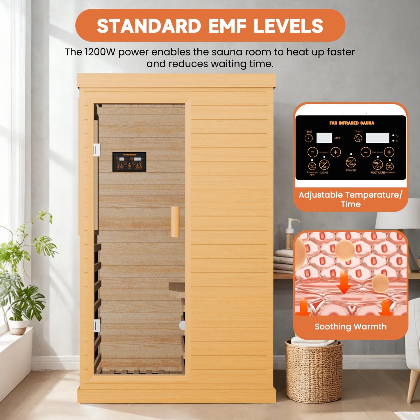 OUTEXER Far Infrared Sauna Home Sauna Spa Room Canadian Hemlock Wood 1200W Indoor Saunas Low EMF 110V with 7 Color Light and Tempered Glass Door, Room: 35.2 * 27.6 * 61.6Inch