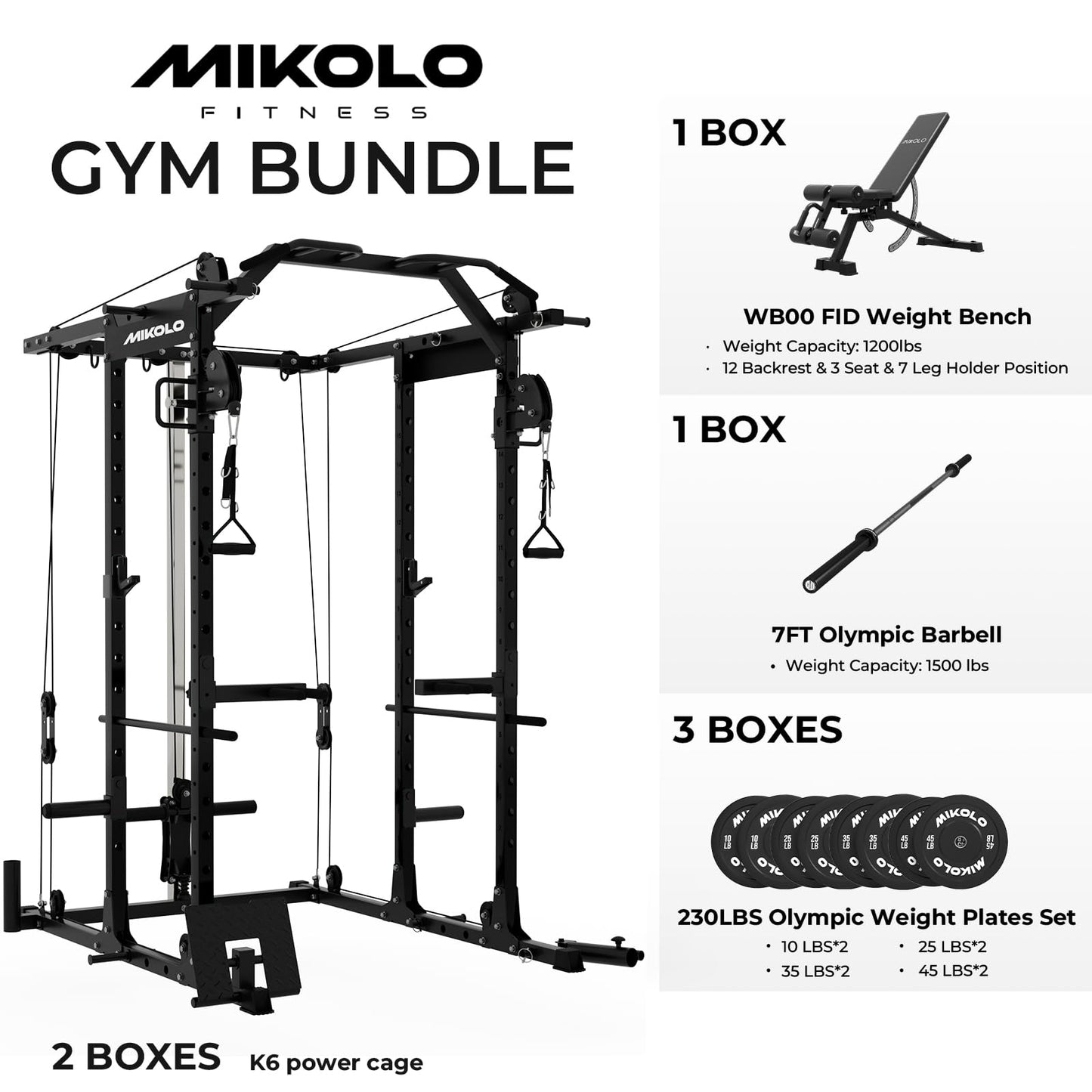 Mikolo K6 Power Cage, Power Rack with Cable Crossover System, Home Gym Packages with Weight Bench, Olympic Barbell, 230b Rubber Weight Set-Black