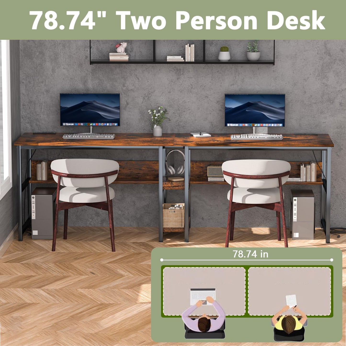 Ytaoka 78.74" Two Person Desk with 2 Power Strips, Double Desk with Shelves, Long Computer Desk for Two People, Wood Writing Desk Workstation for Home Office, 23.62"D x 78.74"W x 29.52"H, Rustic Brown