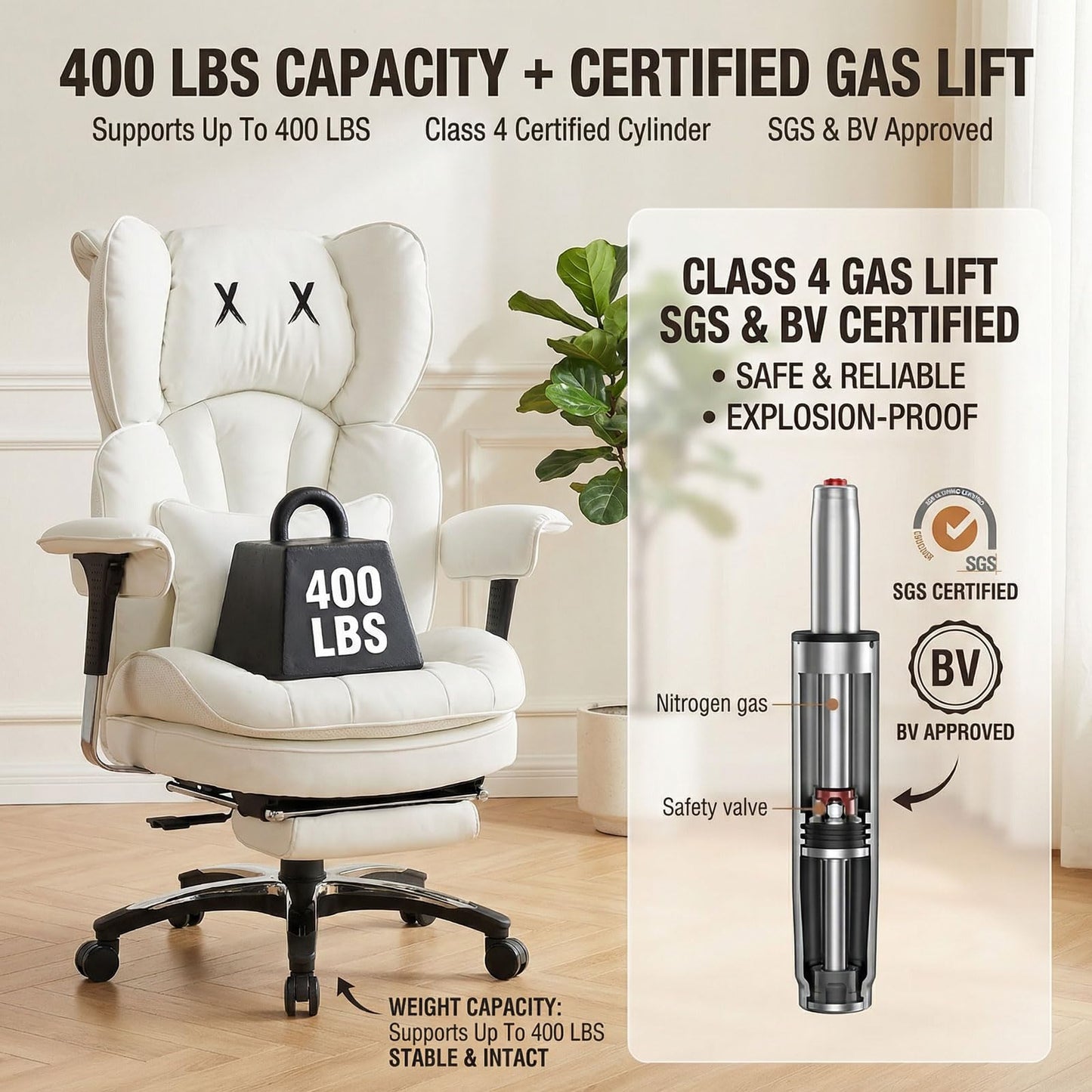 Efomao Big and Tall Office Chair 400lbs Capacity, 24.4" Extra Wide Seat Heavy Duty White Desk Chair with Footrest, Oversized Executive Computer Chair with Adjustable Armrests for Home Office