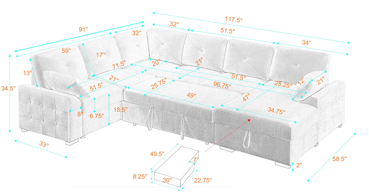 ERYE U-Shaped Pull Out Sleeper Couch Bed, Modern Chenille Upholstered Button Tufted Corner Couch Right Facing Sectional Sleeper Sofa Bed W/Storage Chaise and 2 Pillows
