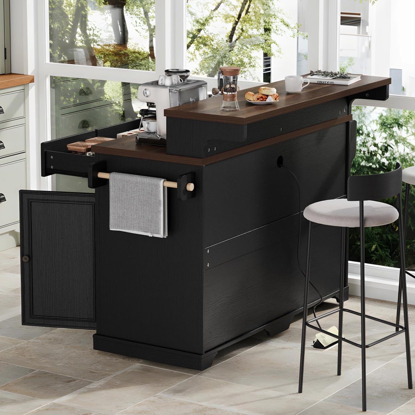 Merax 53.2" Two-Tier Kitchen Island with Storage, Farmhouse Kitchen Island with Power Outlet, 4 Door Shelves, Adjustable Shelves, 3 Drawers, Rolling Island Table, Bar Cabinet for Kitchen, Ash Black