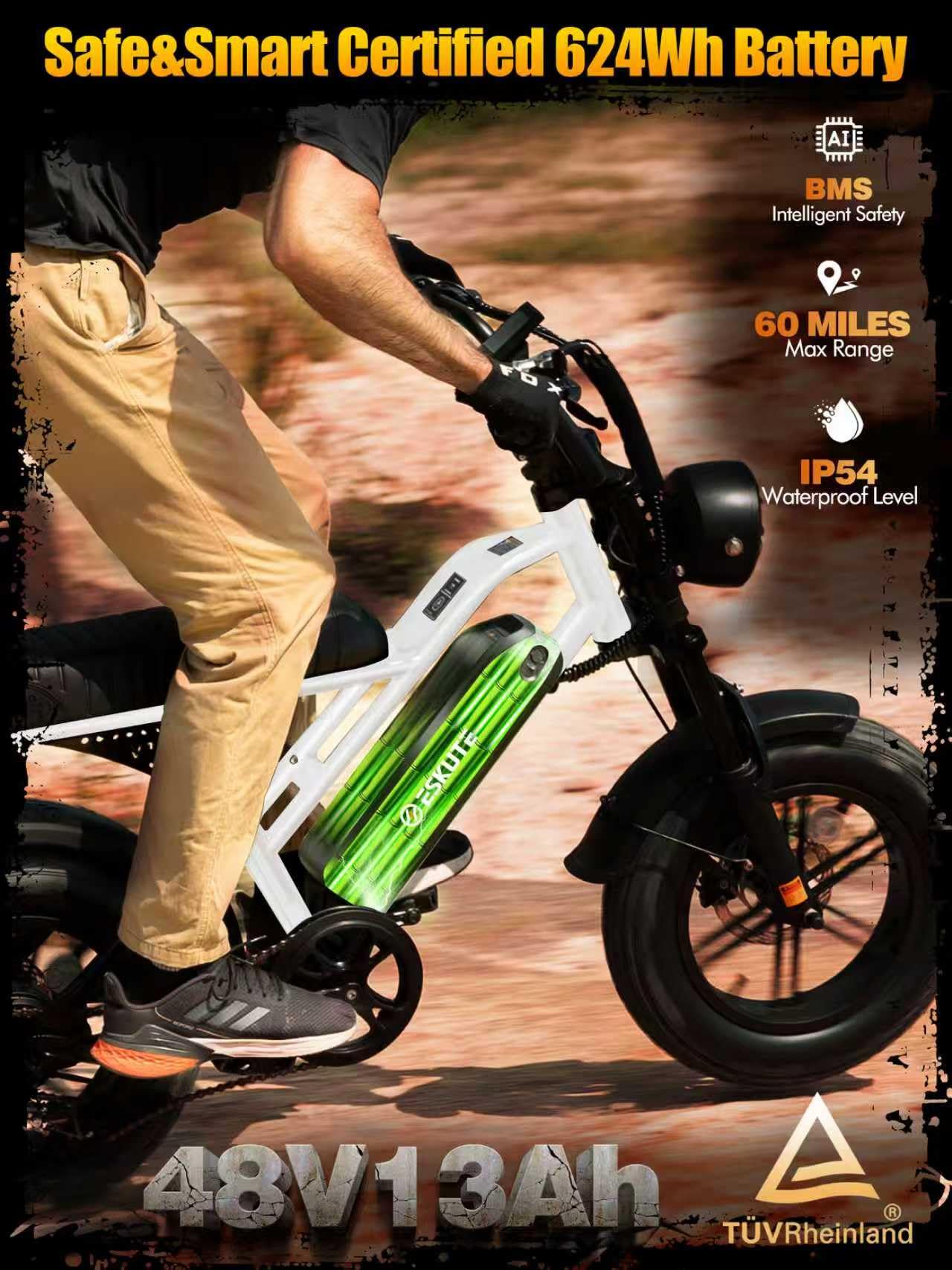 ESKUTE V100 Electric Bike for Adults, Electric Dirt Bike 1500W Peak Motor, All Terrain Dual Suspension E Bike 28MPH Top Speed, Ebike Up to 60 Miles Range, 16" Fat Tire, 48V13Ah Battery, 7-Speed,White
