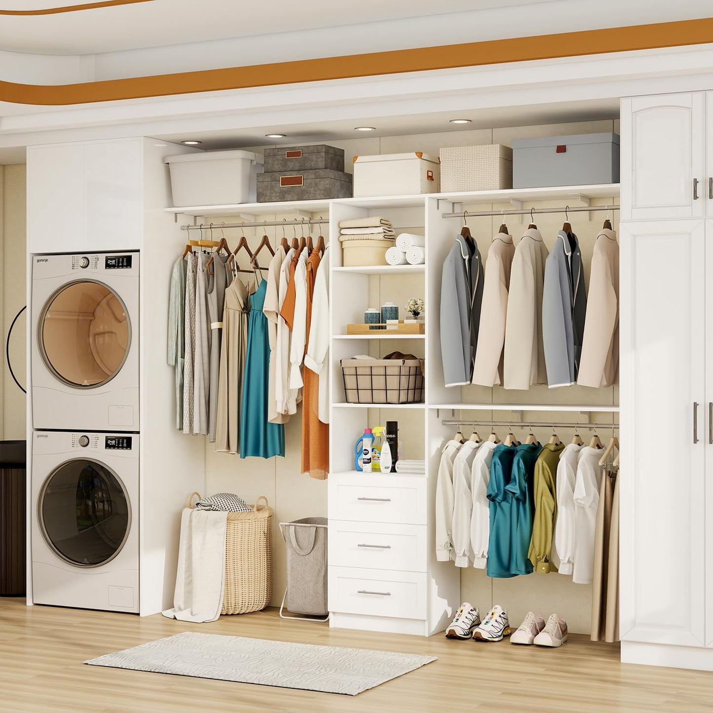 Closet System with Drawers, 5FT-8FT Closet Organizer System with Shelves & Expandable Hanging Rods, Walk in Storage Closet System Wood, White