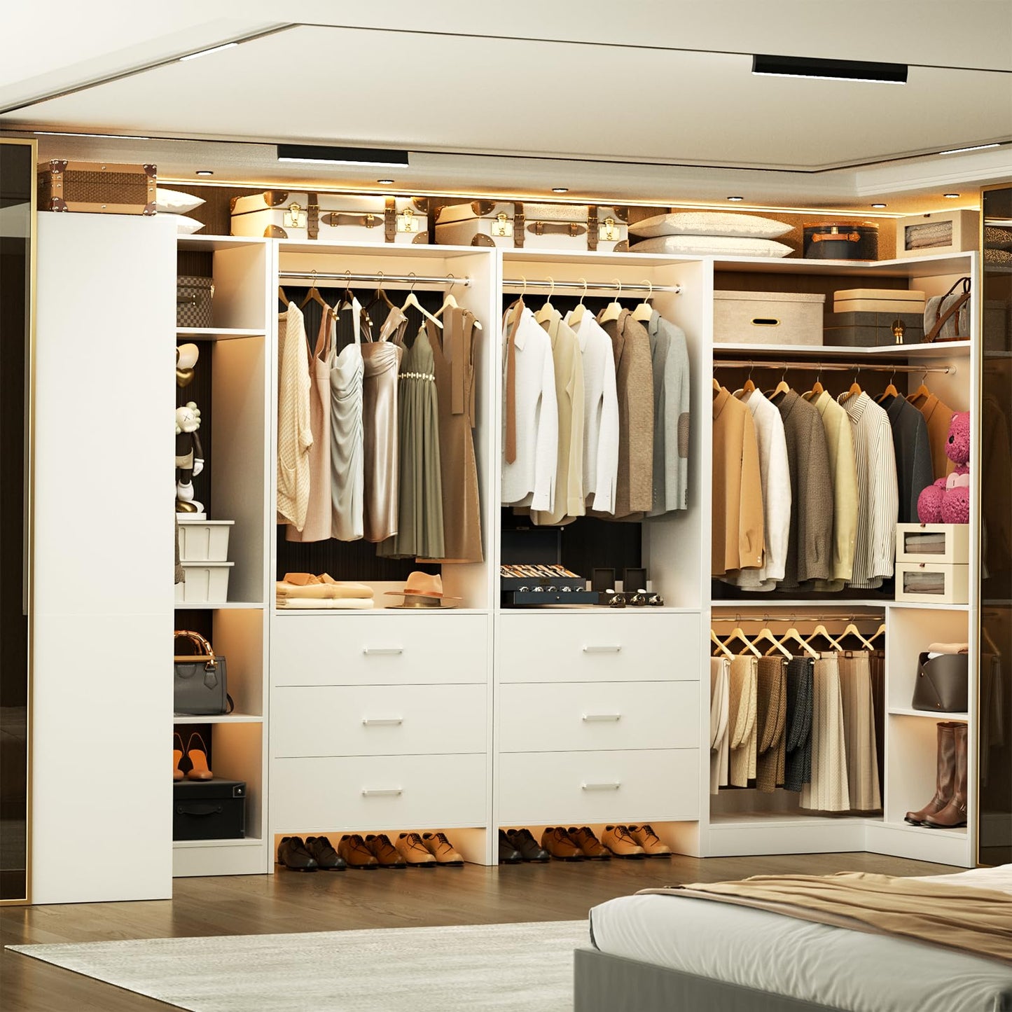 Aheaplus Closet System with 6 Drawers, 6 Hanging Rods & Corner Tower, Corner Closet System with Hanging, 112.5" U-Shaped Walk-In Wardrobe Organizer, 2000+ lbs Capacity, Set of 4, -U4, White