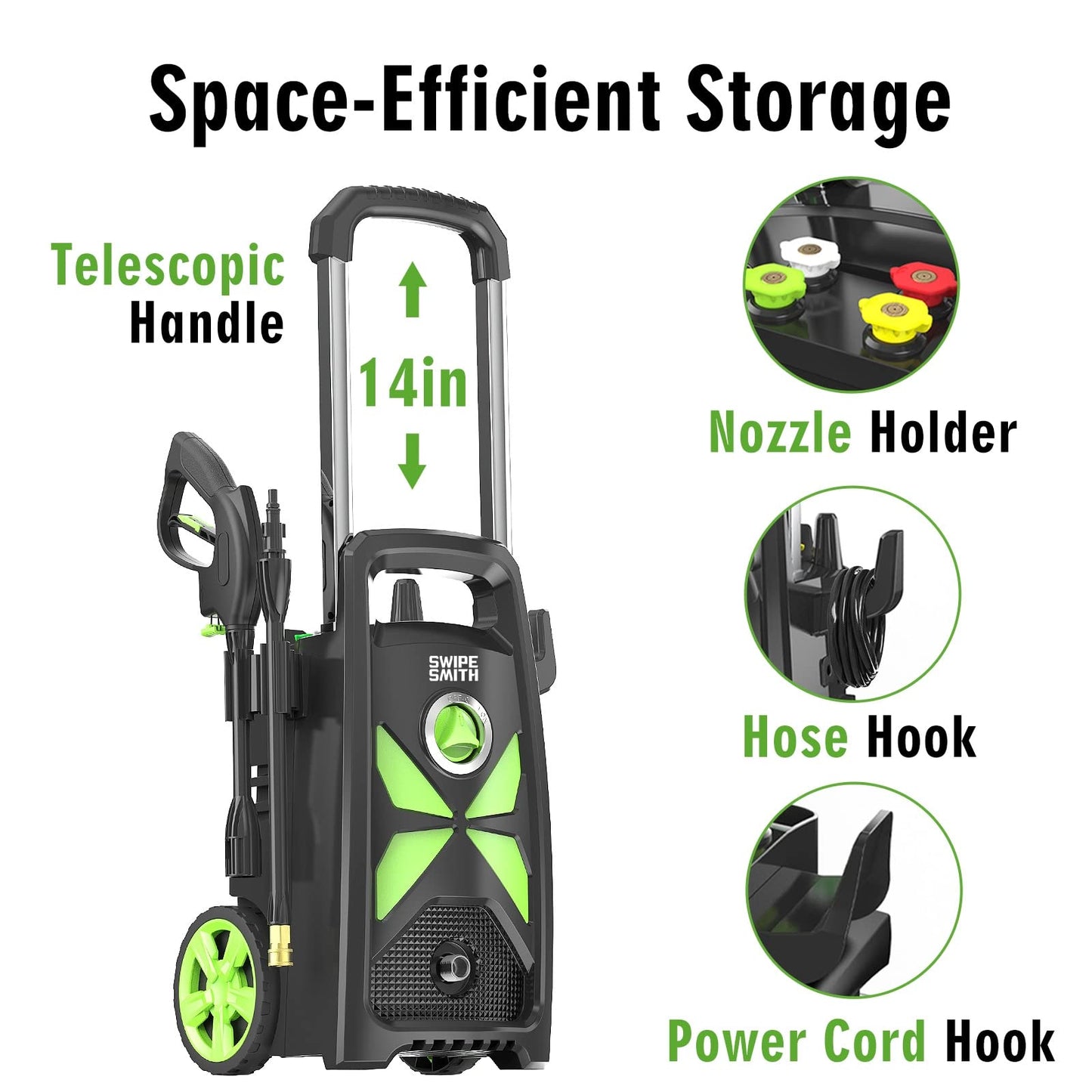 Electric Pressure Washer, SWIPESMITH 2800 Max PSI 2.4 GPM Power Washer with Telescopic Handle, Car Wash Machine with 4 Quick Connect Nozzles, Foam Cannon, for Cars, Patios, and Floor Cleaning