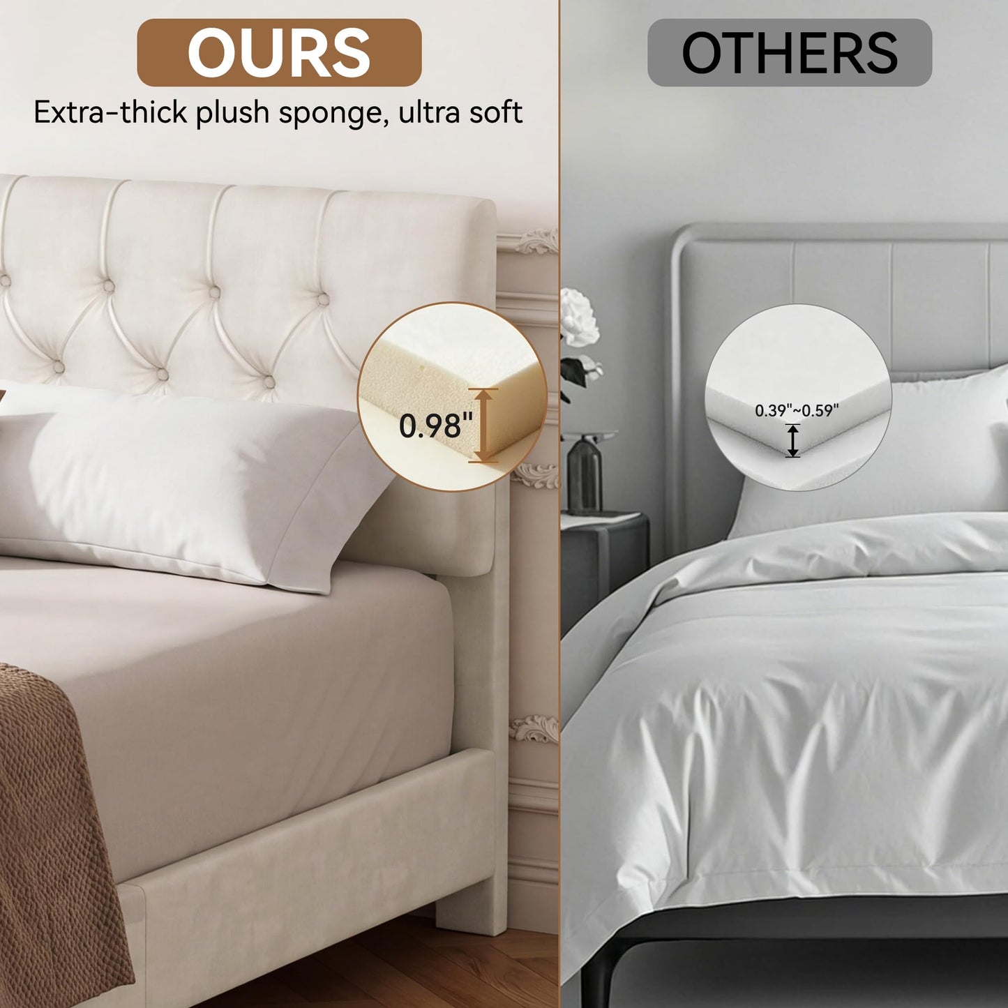 AMICLIBER Queen Bed Frame with Adjustable Headboard, Velvet Upholstered Platform Bed with Button Tufted Design, Solid Wooden Slats, Noise-Free, No Box Spring Needed, Easy Assembly, Beige