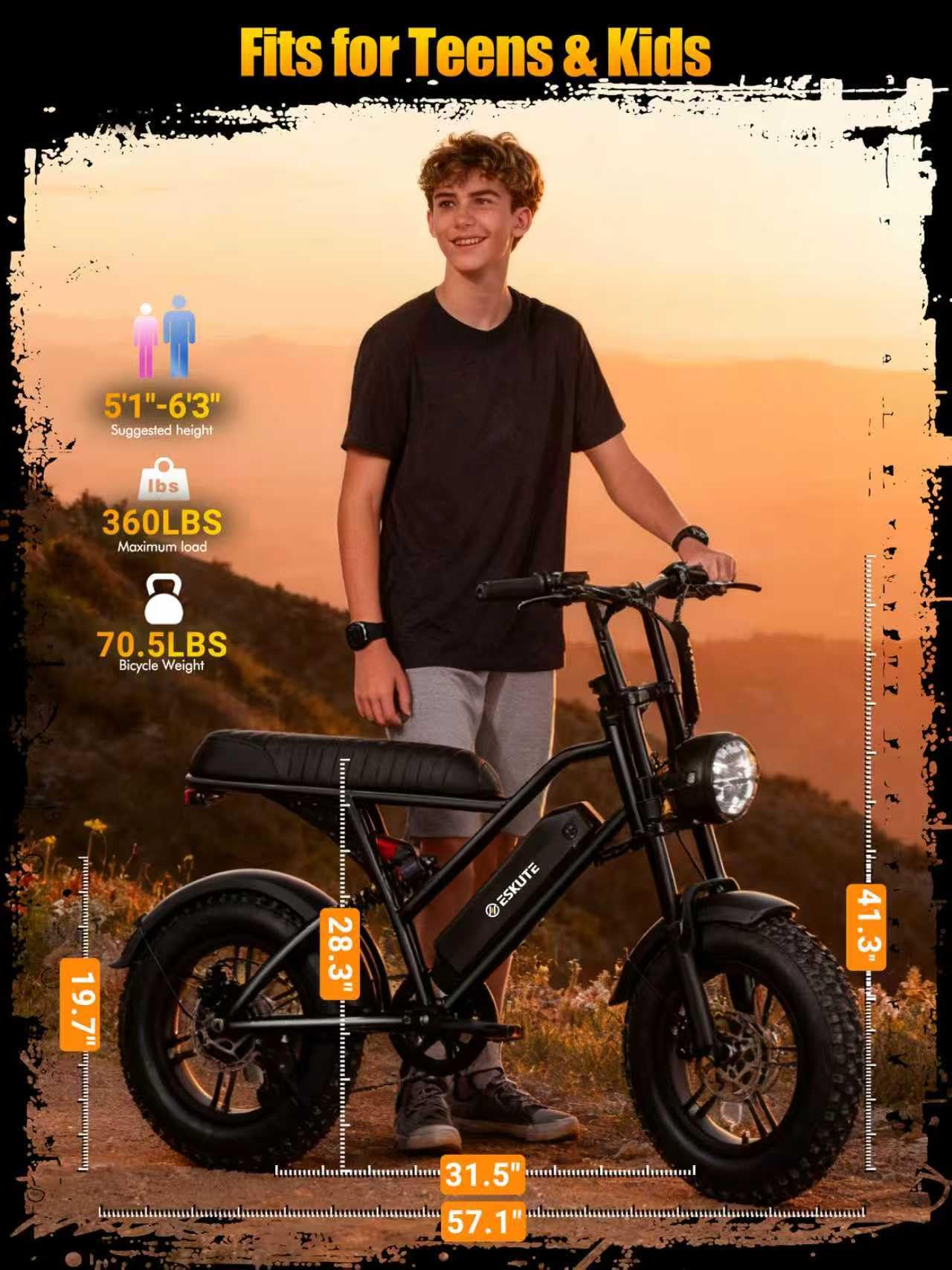 ESKUTE V100 Electric Bike for Adults, Electric Dirt Bike 1500W Peak Motor, All Terrain Dual Suspension E Bike 20+MPH Top Speed, Ebike Up to 60 Miles Range, 16" Fat Tire, 48V13Ah Battery, 7-Speed,BKOR