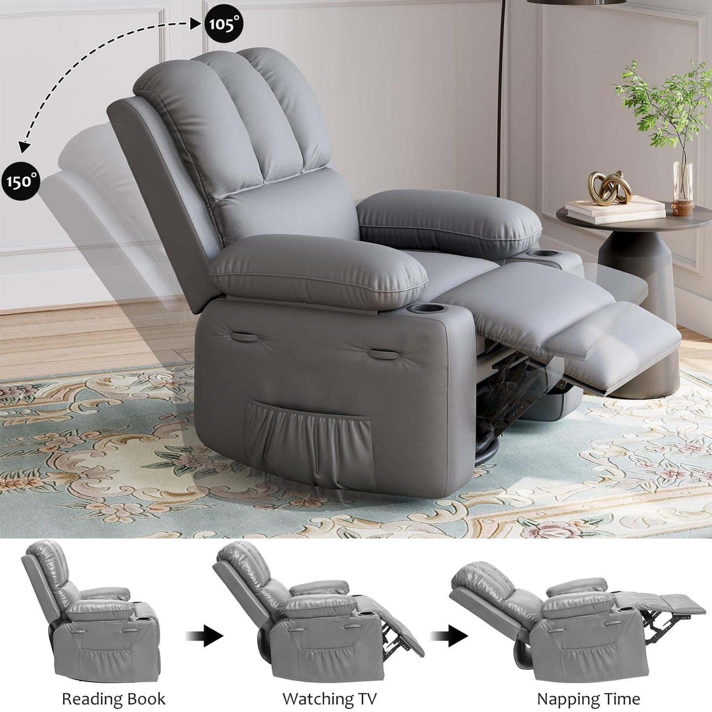 Garvee Oversized Swivel Rocker Recliner Chair - Heat and Massage, Leather Manual Recliner for Adults, Lazy Chair with Cup Holders, Comfort Arms and Back Single Sofa for Living Room
