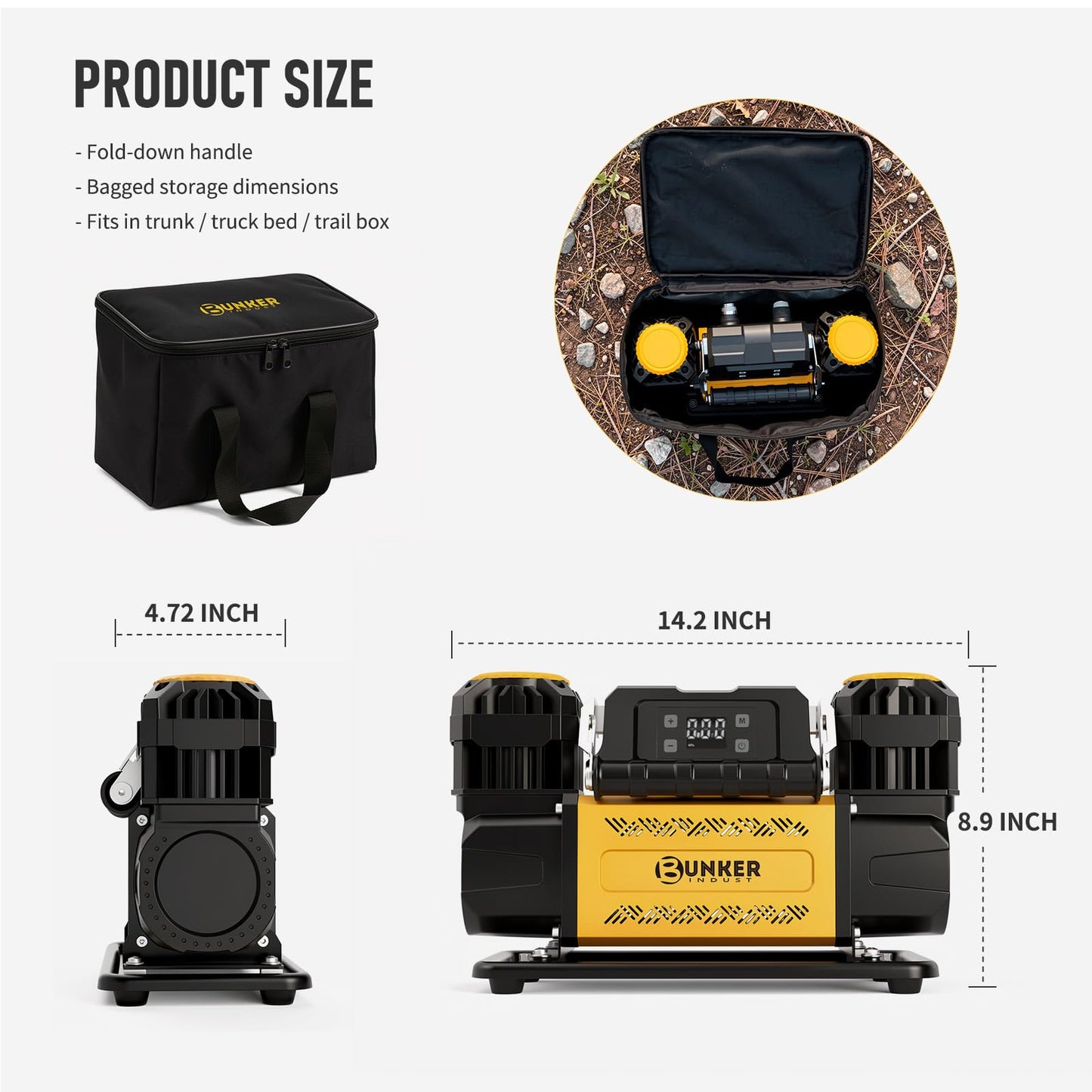 BUNKER INDUST 12V Air Compressor, Portable Inflator 12.3 CFM 150PSI Dual Tire Air Pump with LCD Control Panel Anderson-Style Plug for Off-Road 4x4 Vehicle, SUV, Truck