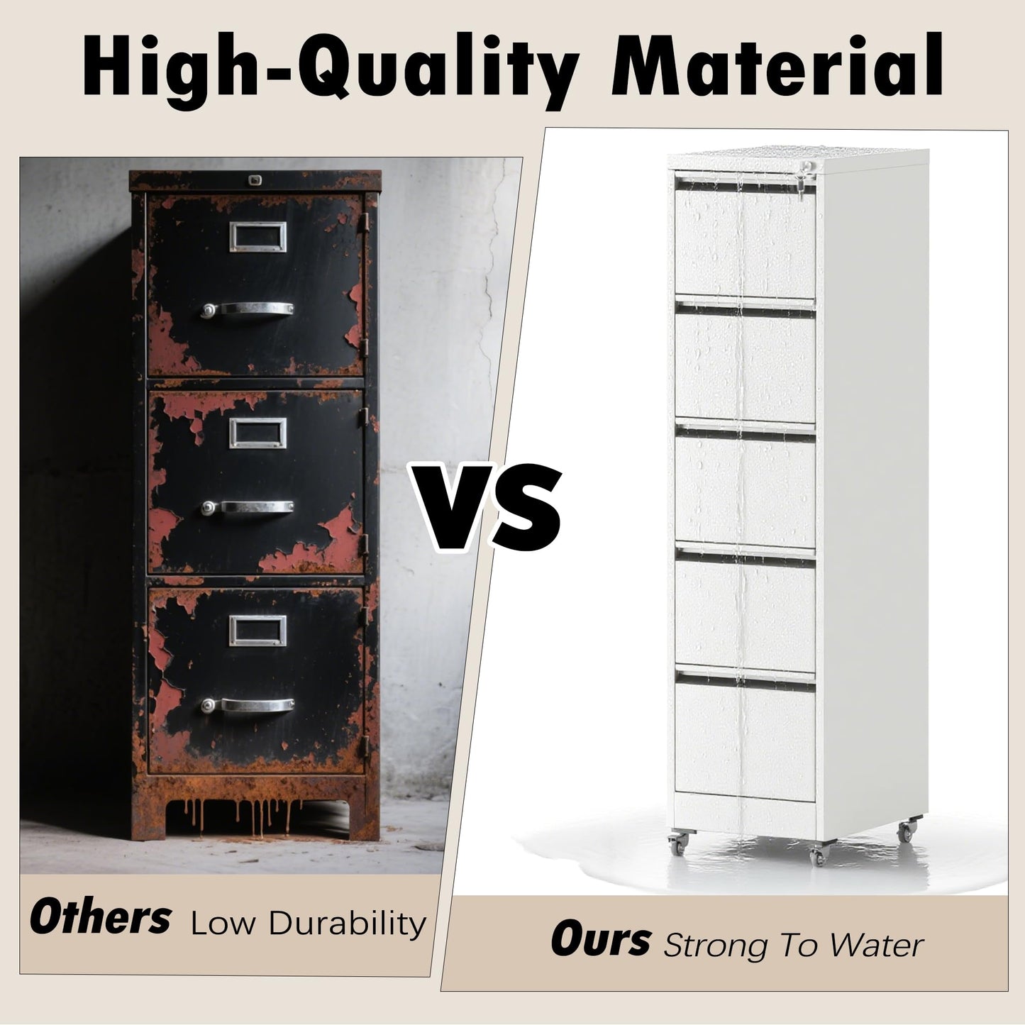 FOSTOKO 5 Drawers Filing Cabient with Wheel, File Cabinet with Lock, Steel Vertical Filing Storage Cabinet for Office, Heavy-Duty File Cabinets for Letters/Legal/A4 (Require Assembly, White)