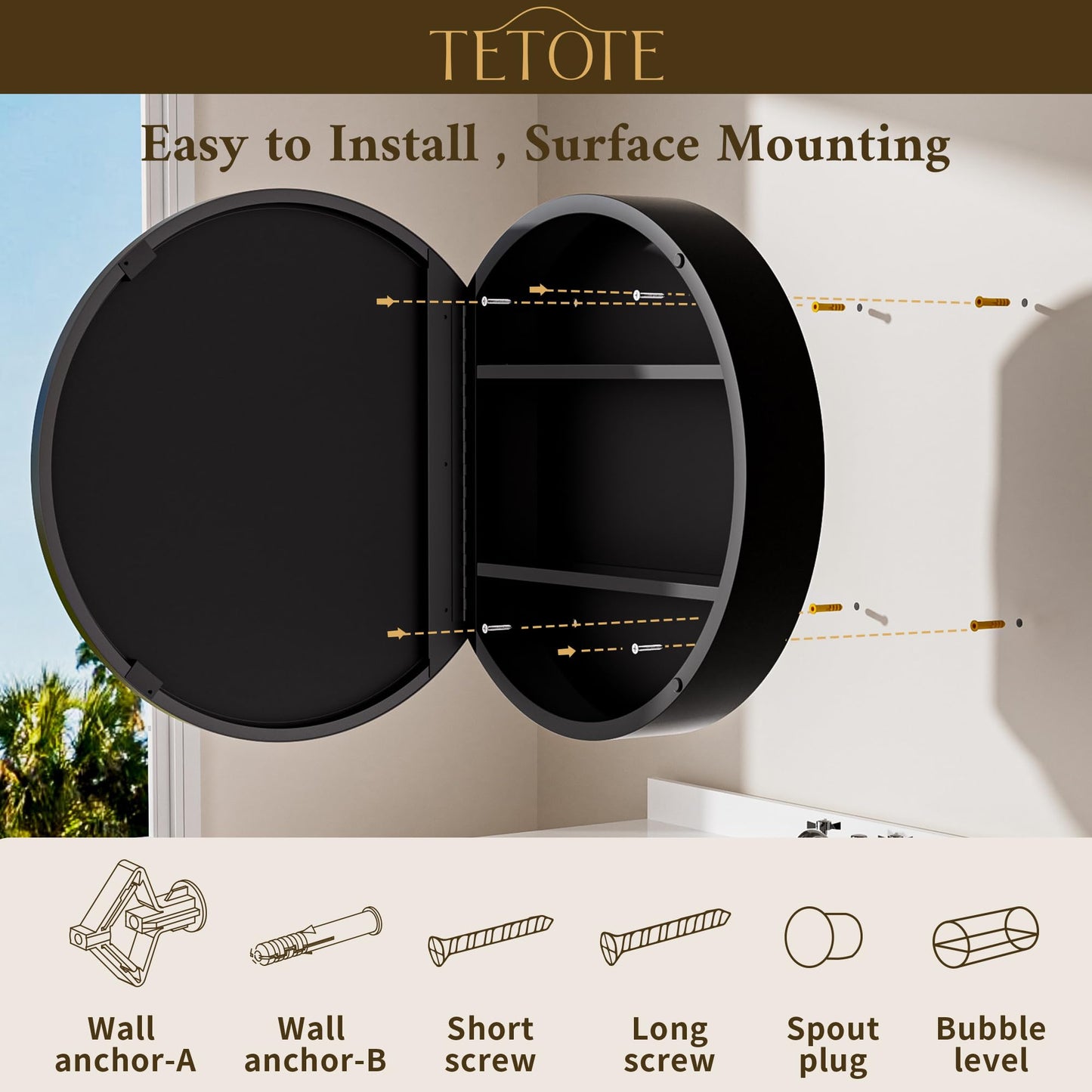 TETOTE 24 x 24 Inch Medicine Cabinet Mirror Black Framed Round Mirrored Medicine Cabinets for Bathroom Adjustable Shelves Modern Bathroom Mirror with Storage Wall Mounted
