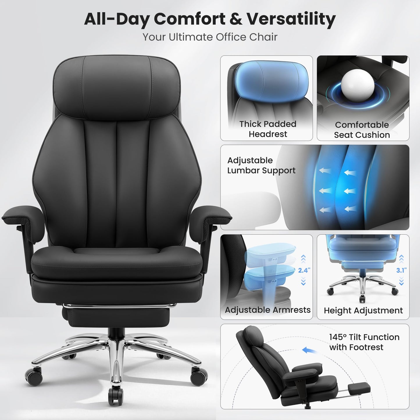 BestGlory Office Desk Chair with Inflatable Lumbar Support, Ergonomic Office Chair [Upgraded Double-Layer Cushion & Footrest], 400 LBS Big and Tall Computer Desk Chair for Home Office Gaming, Black