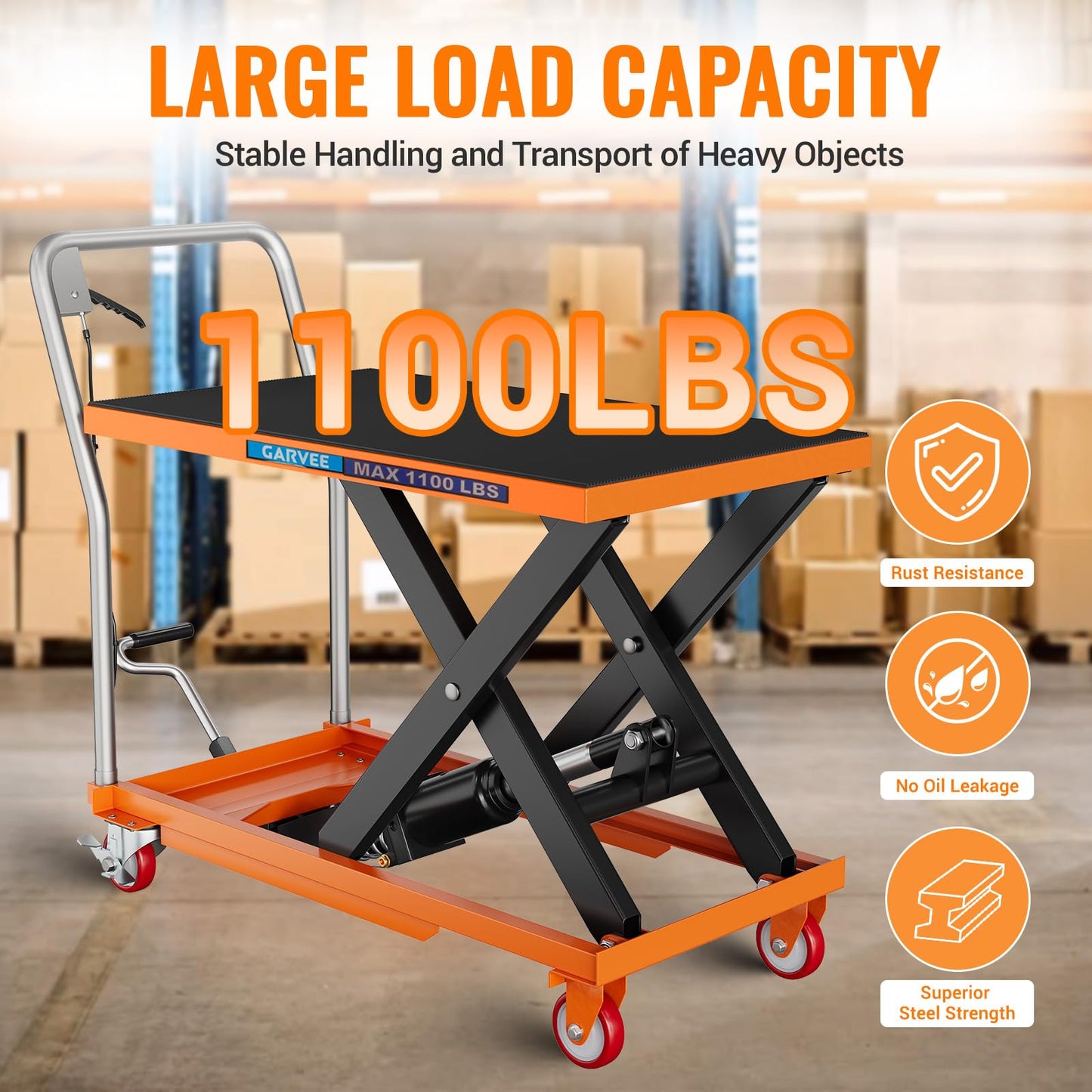 Garvee Hydraulic Lift Table Cart, 1100lbs Capacity 32" Lifting Height, Manual Single Scissor Lift Table with 4 Wheels and Non-Slip Pad, Hydraulic Scissor Cart for Material Handling, Orange