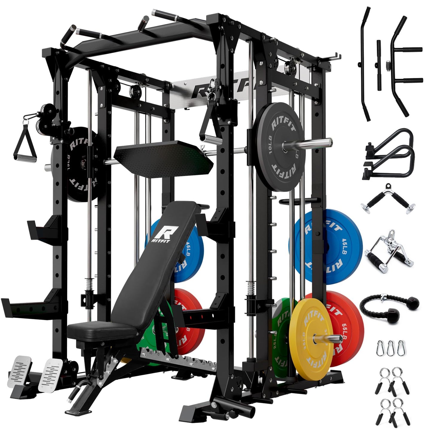 RitFit Buffalo Smith Machine, Power cage with LAT-Pull Down System & Cable Crossover System, All-in-One Squat Rack for Home Gym, Power Rack