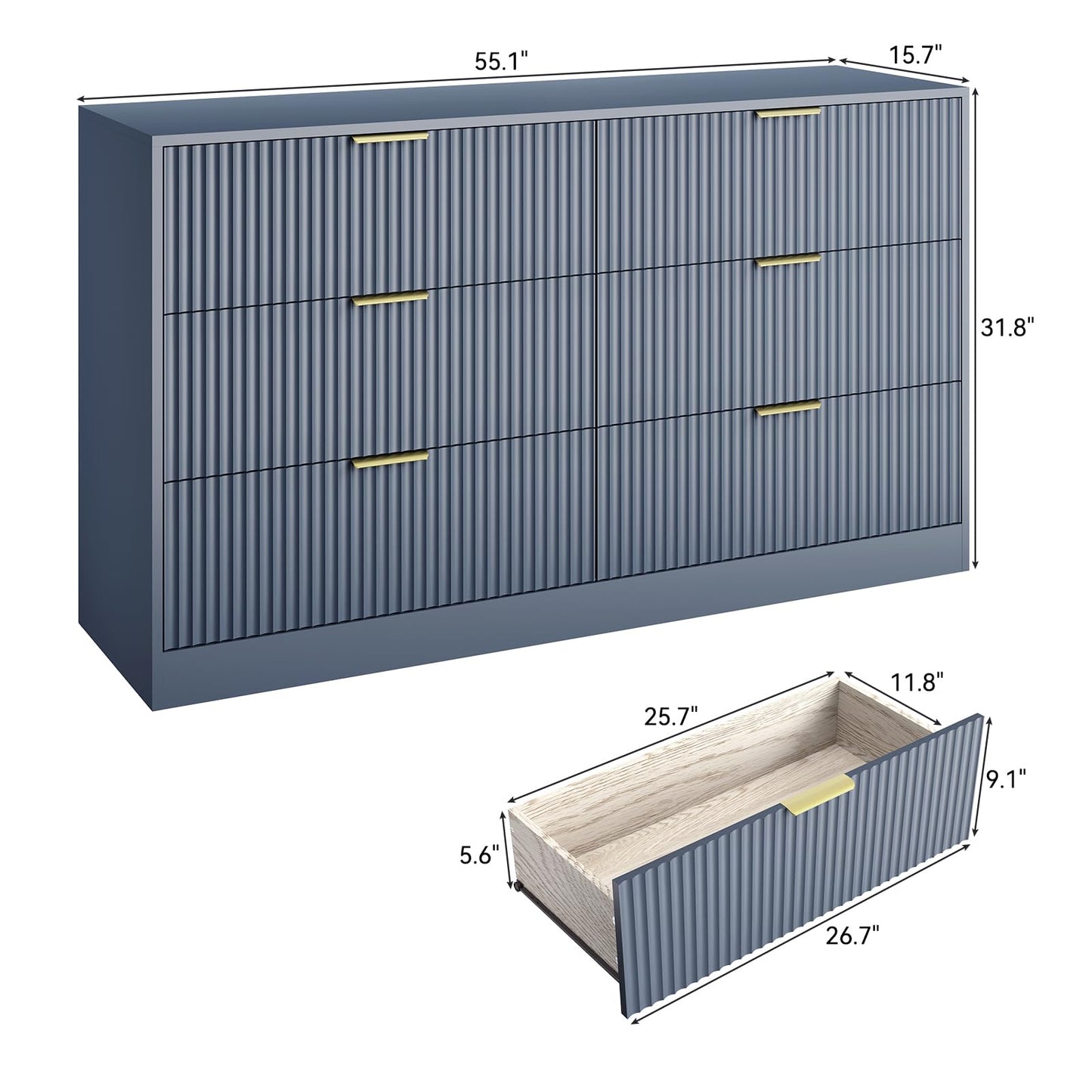 Sscaktu 6 Drawer Fluted Dresser for the Bedroom, 55" Wide Wooden Dresser with Deep Drawers, Large Floor Chest of Drawers, Modern Long TV Stand, Storage Cabinet for Livingroom, Hallway, Blue