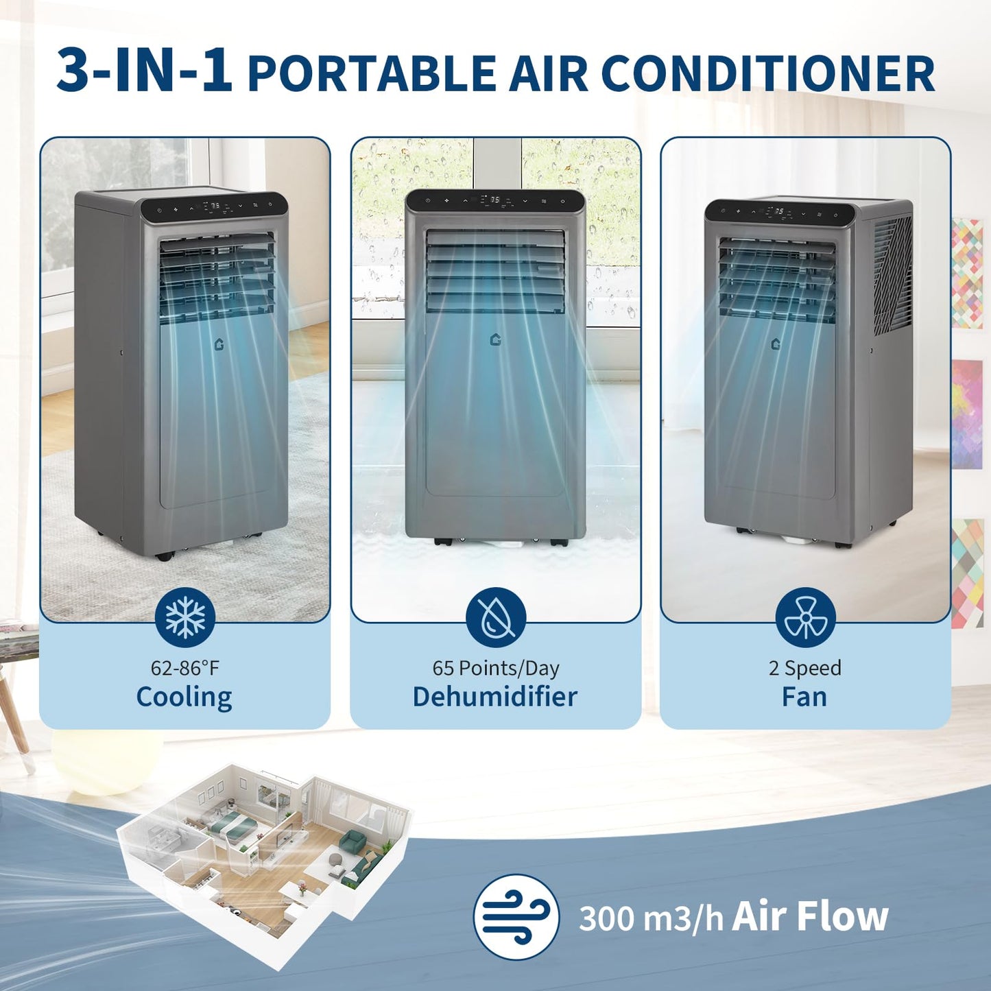 2025 New Model Portable Air Conditioner, 8000 BTU Air Conditioner Cool Up to 350 Sq.Ft, 3-in-1 AC Unit, Dehumidifier, Fan, Window Installation Kit & Remote Control,LED Display,24Hrs Timer for Home