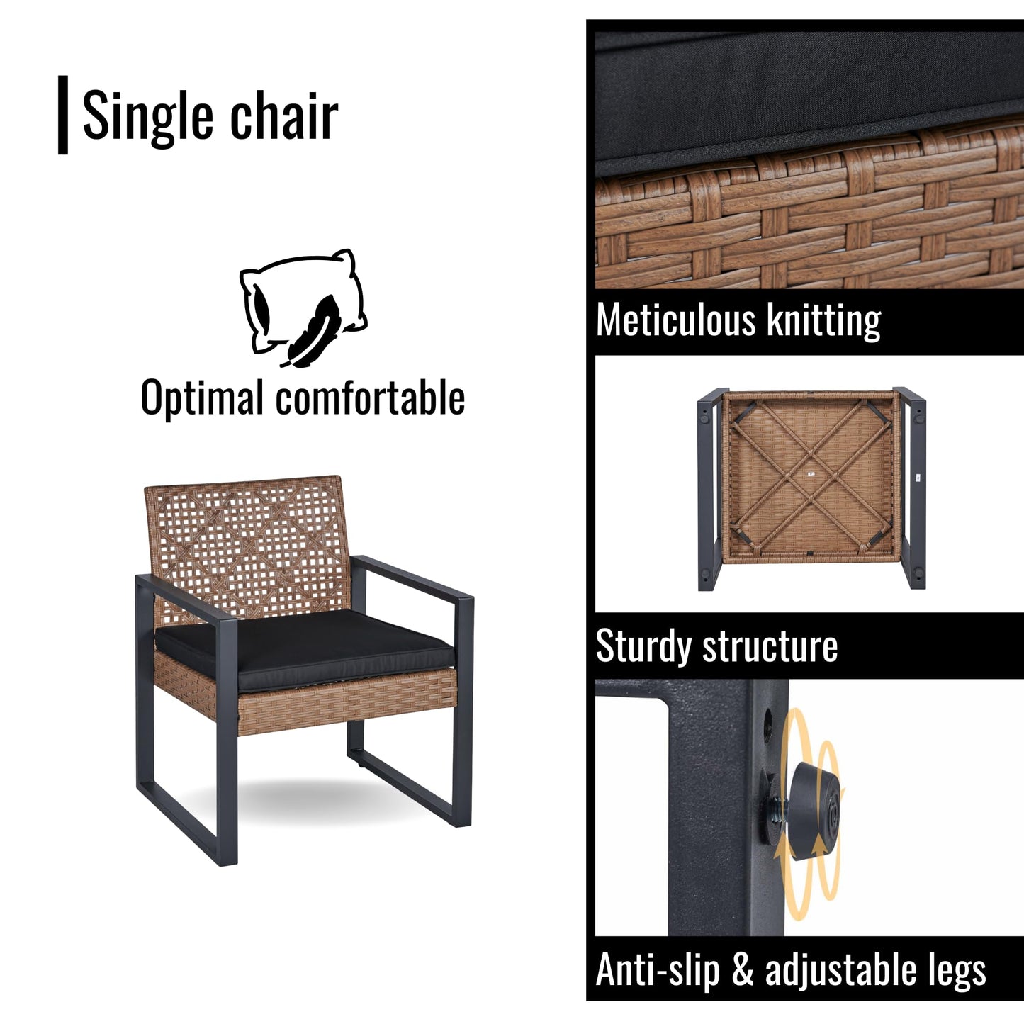 KEIKI 4PC Outdoor Patio Wicker Furniture Chat Conversation Set with Acacia Wood Table Top Backyard Porch Balcony