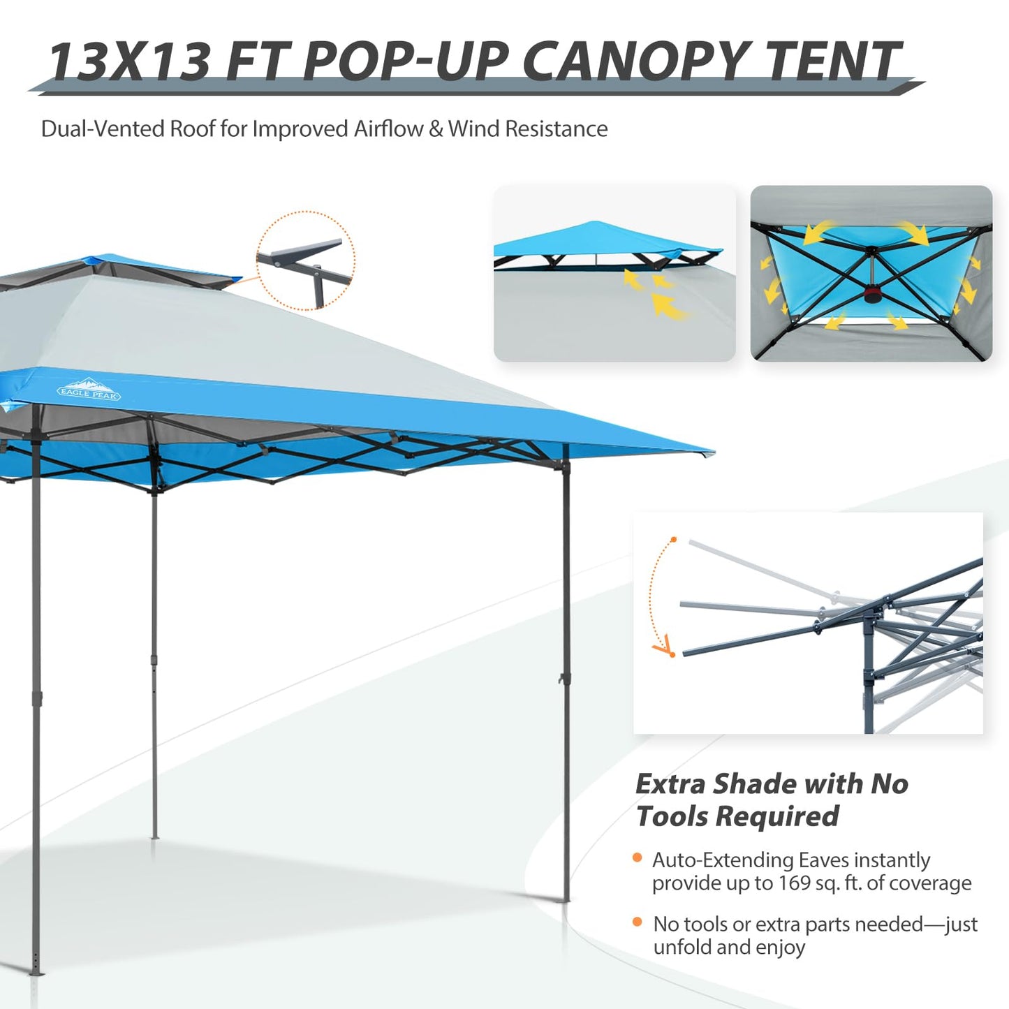 EAGLE PEAK 13x13 Straight Leg Pop Up Canopy Tent Instant Outdoor Canopy Easy Single Person Set up Folding Shelter w/Auto Extending Eaves 169 Square Feet of Shade (Light Blue)