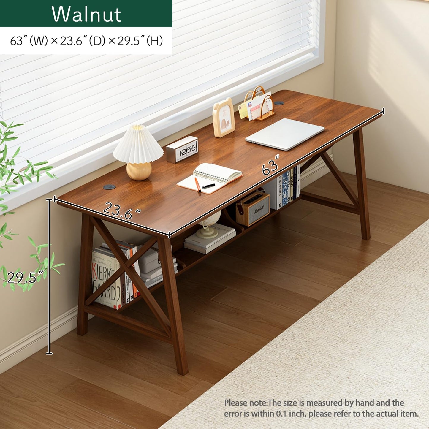 NELYE Extra Long Desk with Bookshelf - Wooden Home Office Work Study Table, 2-Person Writing Computer Workstation with Storage Shelf in Walnut, 63" Wx24 Dx30 H