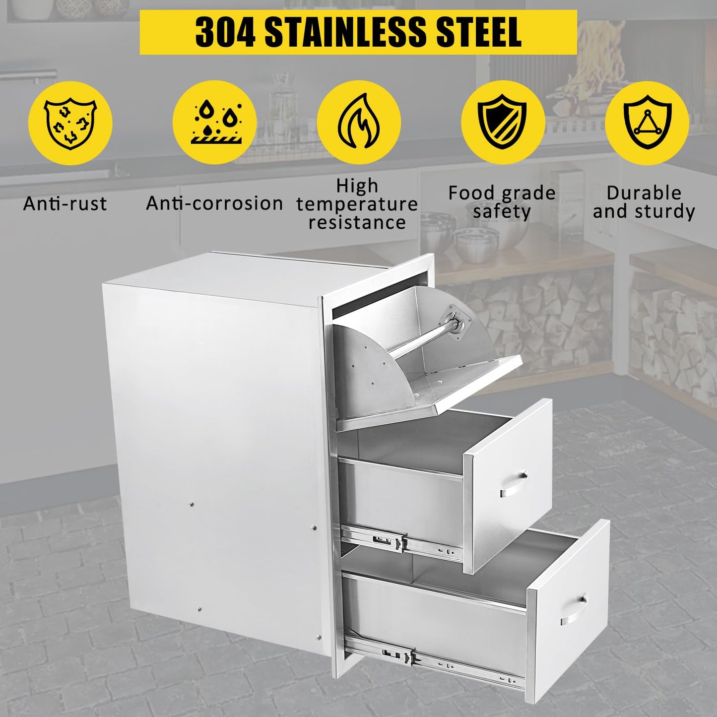 GarveeLife 17W x 30H x 21D Inch Outdoor Kitchen Drawers w/Paper Towel Holder, Stainless Steel Triple BBQ Drawers, Access BBQ Drawers for Outdoor Kitchen Island or Grill Station
