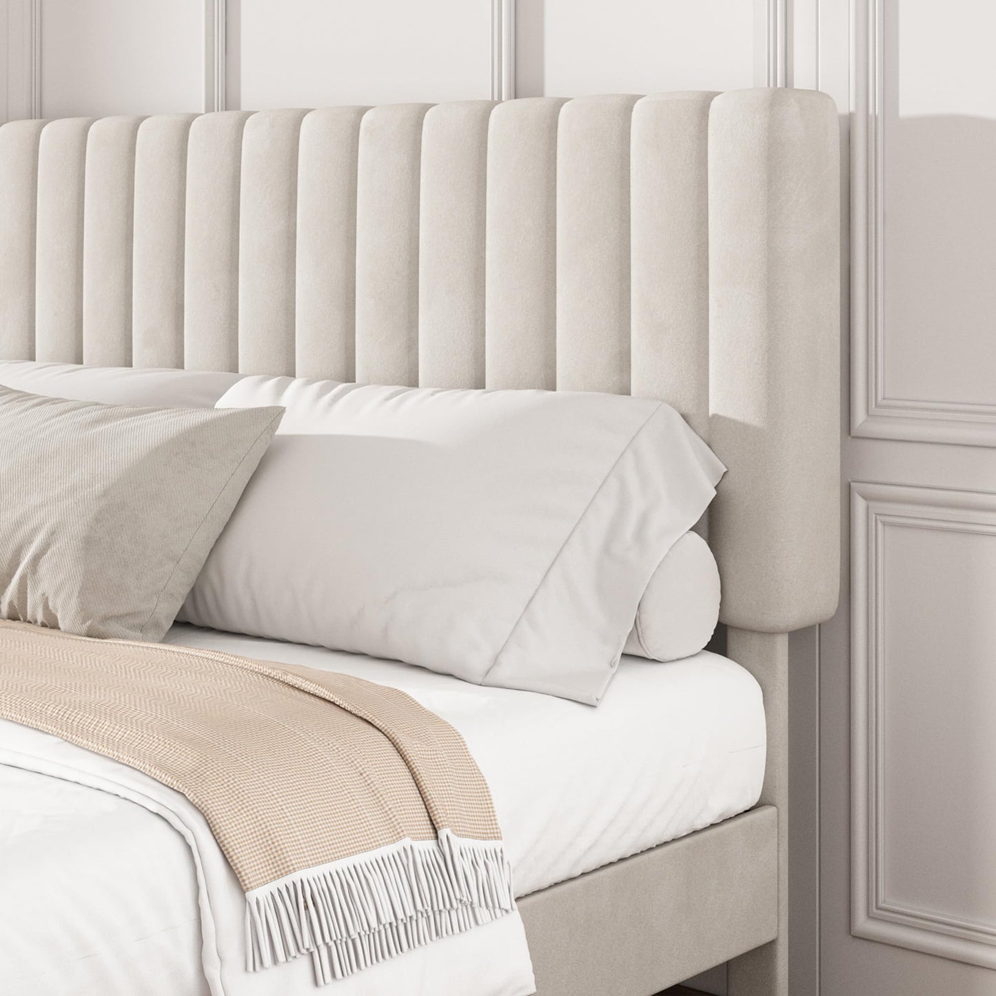 Mxhtcewz Queen Size Platform Bed Frame with Vertical Channel Tufted Headboard, No Box Spring Needed, Noise-Free, Easy Assembly, Beige Velvet