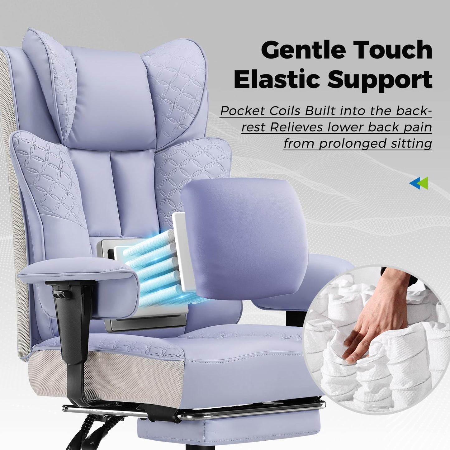 GTPLAYER Big and Tall Office Chair, Wide Ergonomic Gaming Chair with Deluxe Embossing Designed Leather with Foot Rest,150°Reclining Adjustable Soft Armrests Pocket Spring Back Support and Pillow