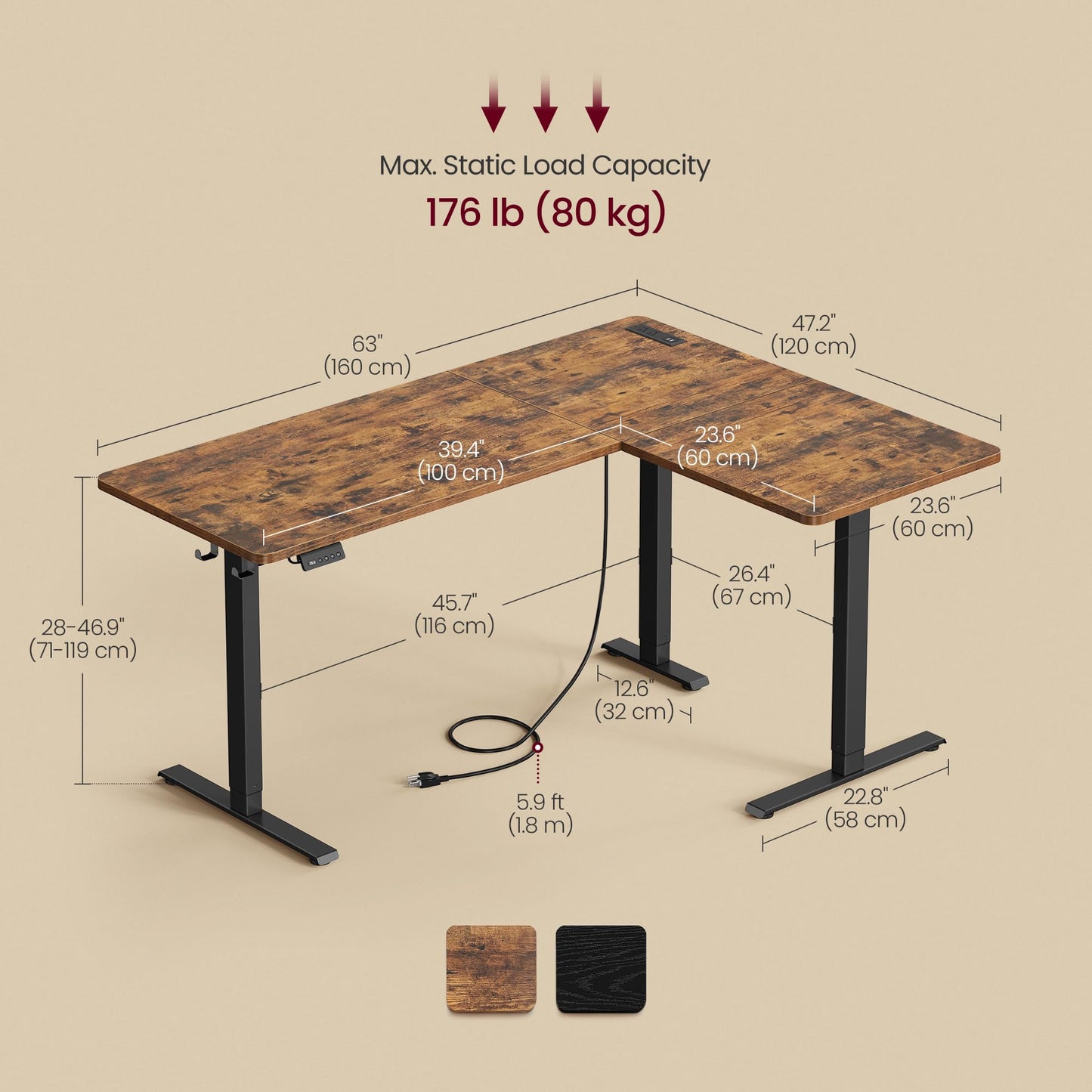 VASAGLE L Shaped Electric Standing Desk, 63 x 47.2 Inches, Height Adjustable Corner Desk with Power Outlets, 2 Memory Buttons, Easy to Assemble, for Home Office, Rustic Brown ULSD242K01