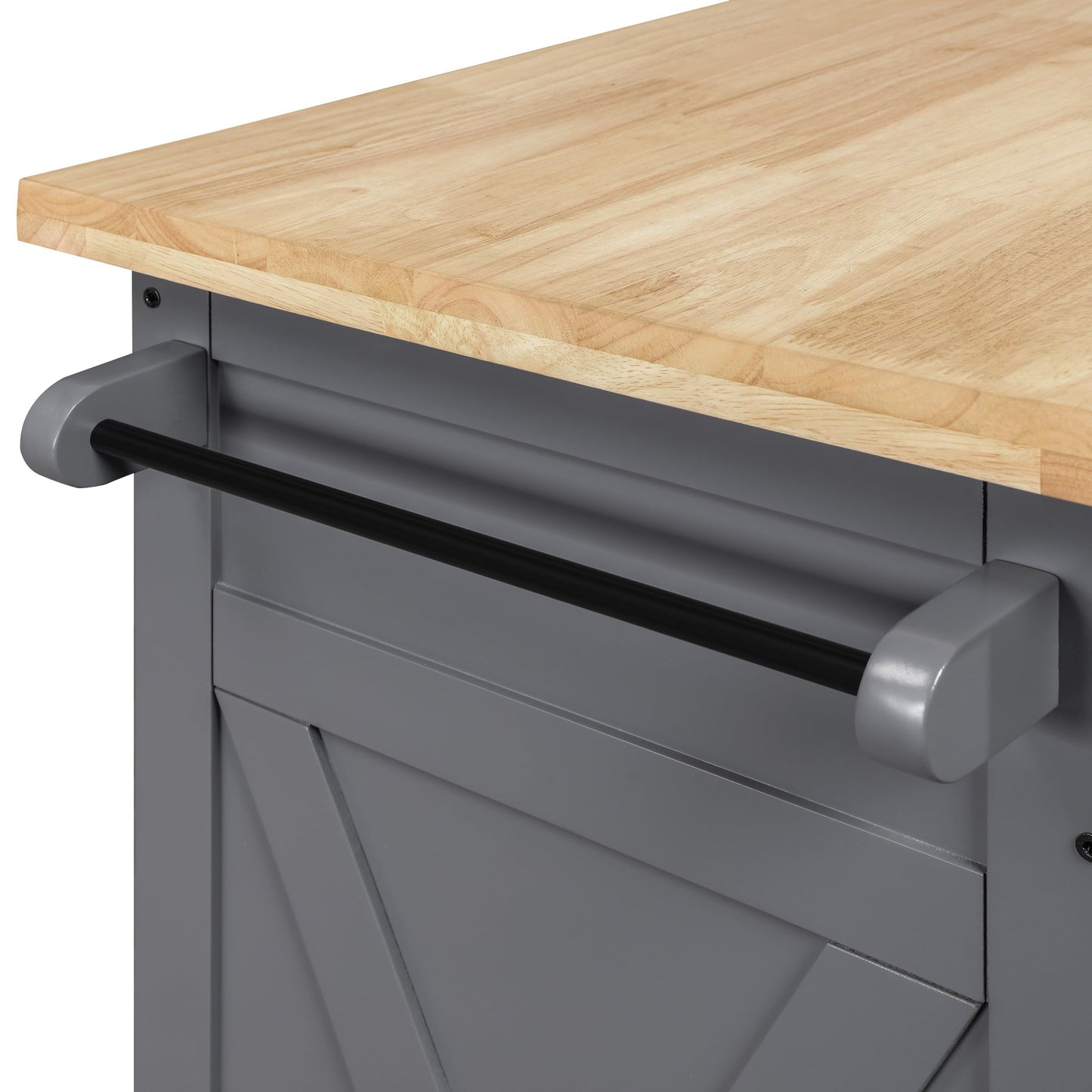 OSP Home Furnishings Bolten Farmhouse Kitchen Cart with Butcher Block Top, Rolling Island with Storage Cabinet and Drawer, 35.5H x 32W x 19D inches, Grey
