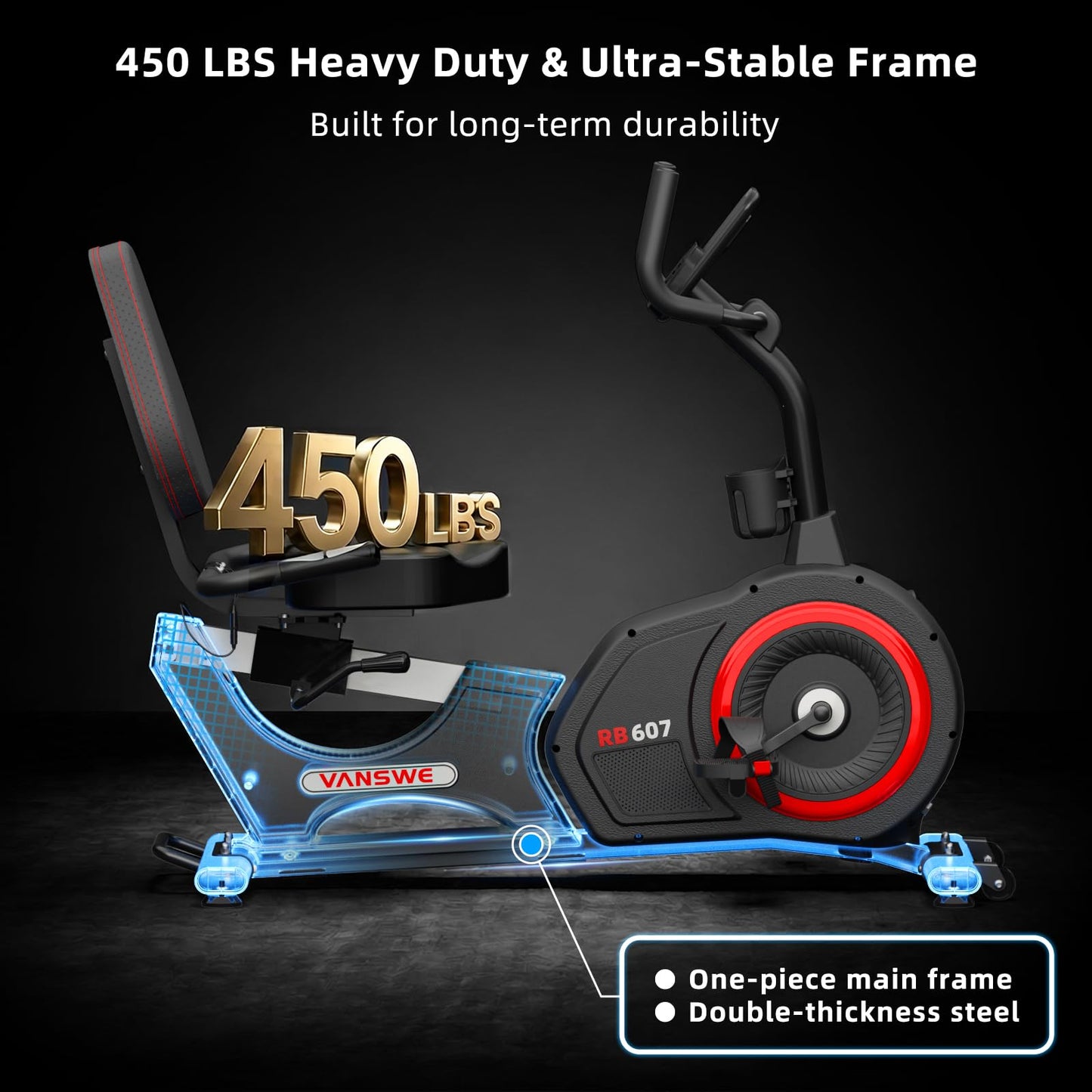 VANSWE Recumbent Exercise Bike for Seniors, Recumbent Stationary Bikes for Home with 450 LBS Weight Capacity, Backlit Monitor with 19 Built-In Programs, Bluetooth App Connectivity and 16-Level Electronically Controlled Magnetic Resistance