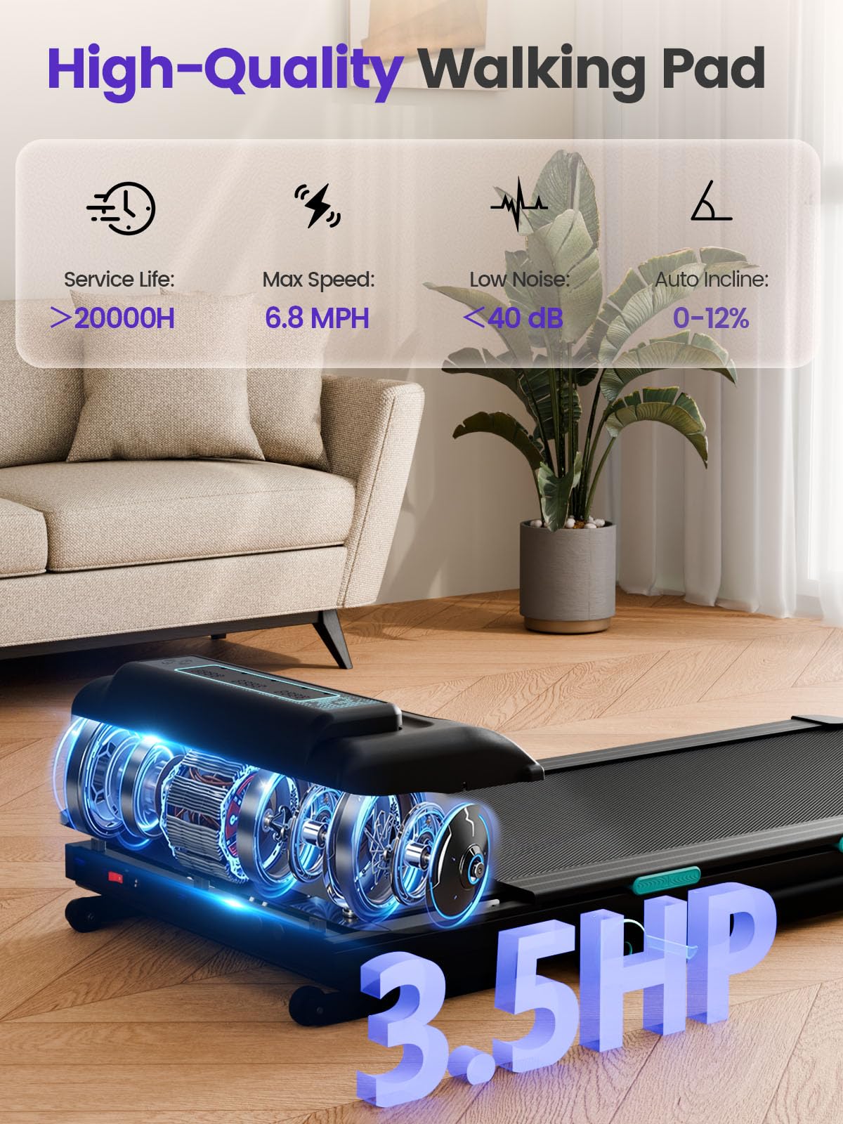 Jackfield Walking Pad with Handle Bar, 3.5HP Walking Pad Treadmills for Home, Portable Under Desk Treadmill with 12% Auto Incline, LED Display, Bluetooth Speaker, 450 Lbs Capacity, APP Connect