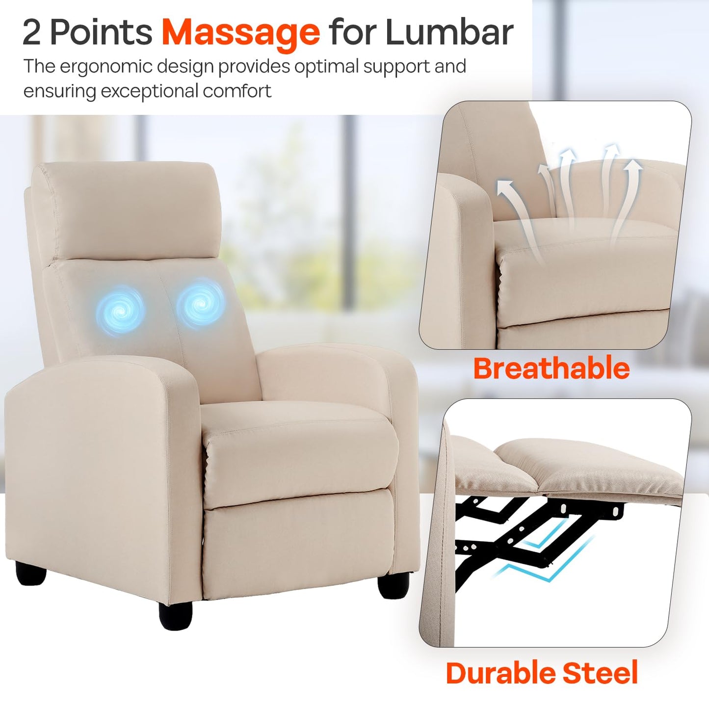 FDW Recliner Chair Massage Chair Reading Chair Reclining Sofa Home Theater Seating with Lumbar Support Massage and Padded Backrest for Living Room and Bedroom (Textile, Beige)