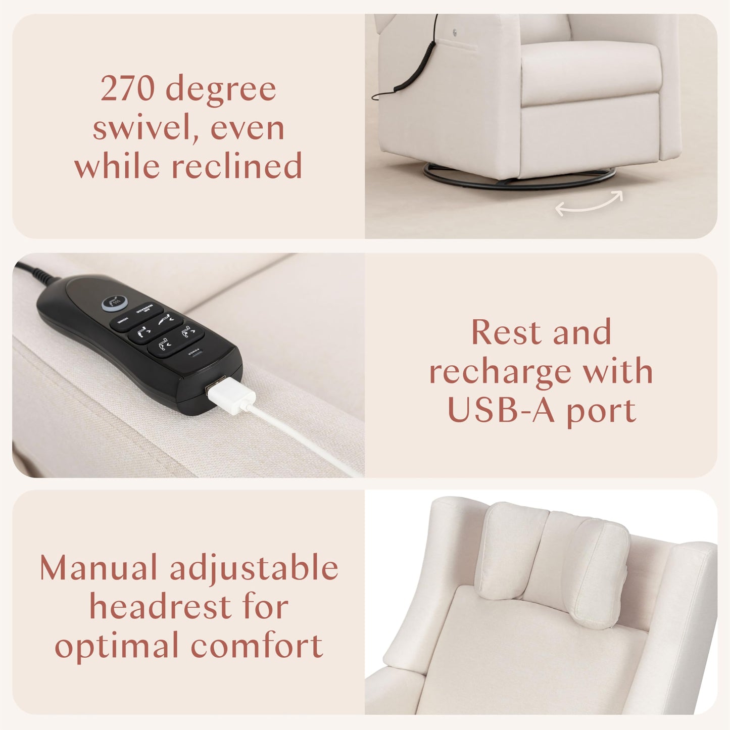 Babyletto Kiwi Deluxe Power Recliner and Swivel Glider with Heat and Massage in Performance Cream Eco-Weave, Water Repellent & Stain Resistant, Greenguard Gold, FSC and CertiPUR-US Certified