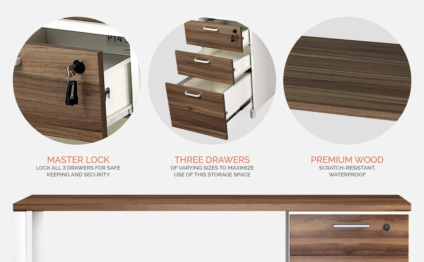 Modern Design Milano Office Desk with 3 Locking Drawers, 48 Inch White and Walnut Industrial Wood Desk with Filing Drawer and Storage, by Crafts and Comfort