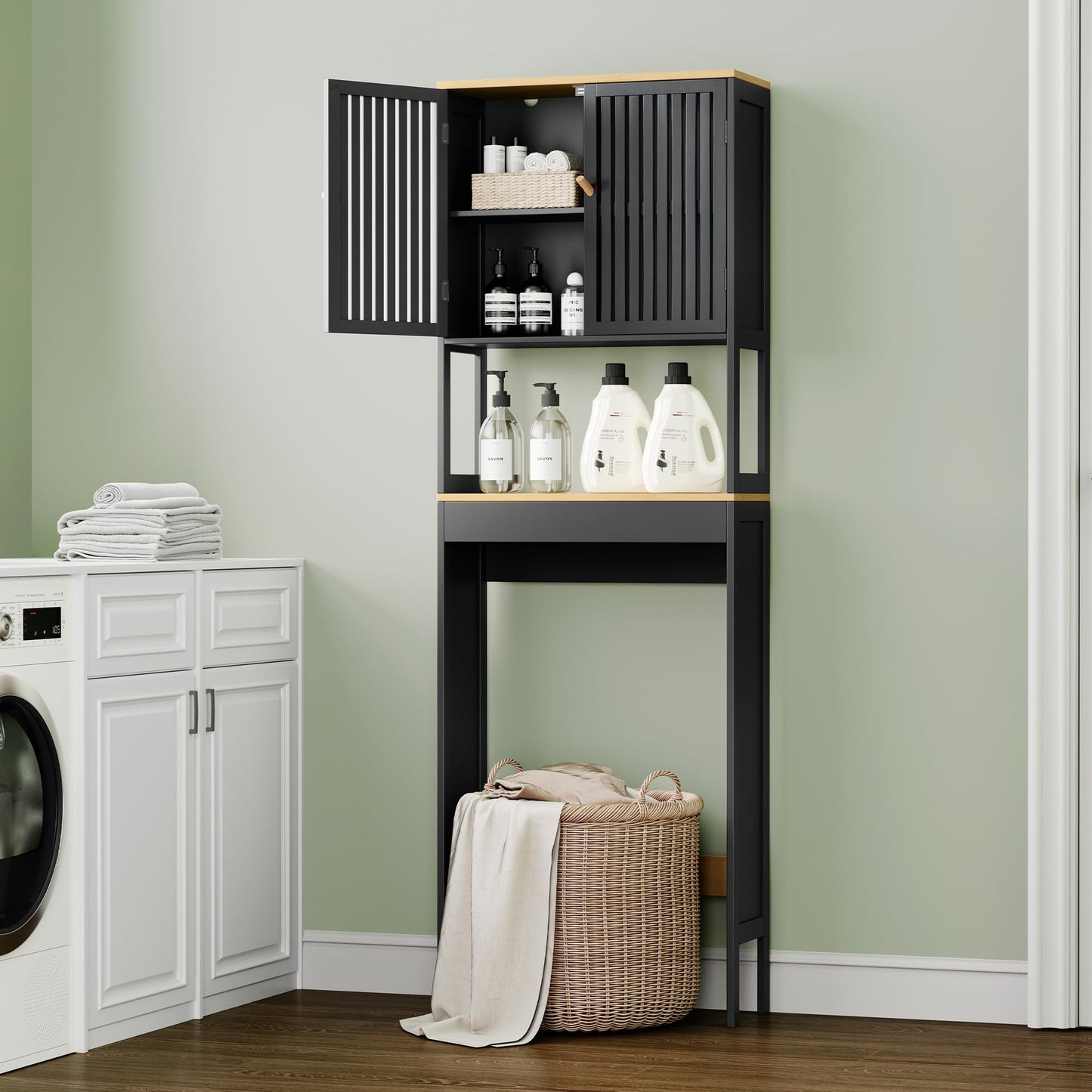 Over The Toilet Storage Cabinet with Breathable Bamboo Doors, 3-Tier Bathroom Organizer Above Toilet, Freestanding Space Saver Rack with Adjustable Bottom Bar & Shelf, 24" x 70", Black & Natural