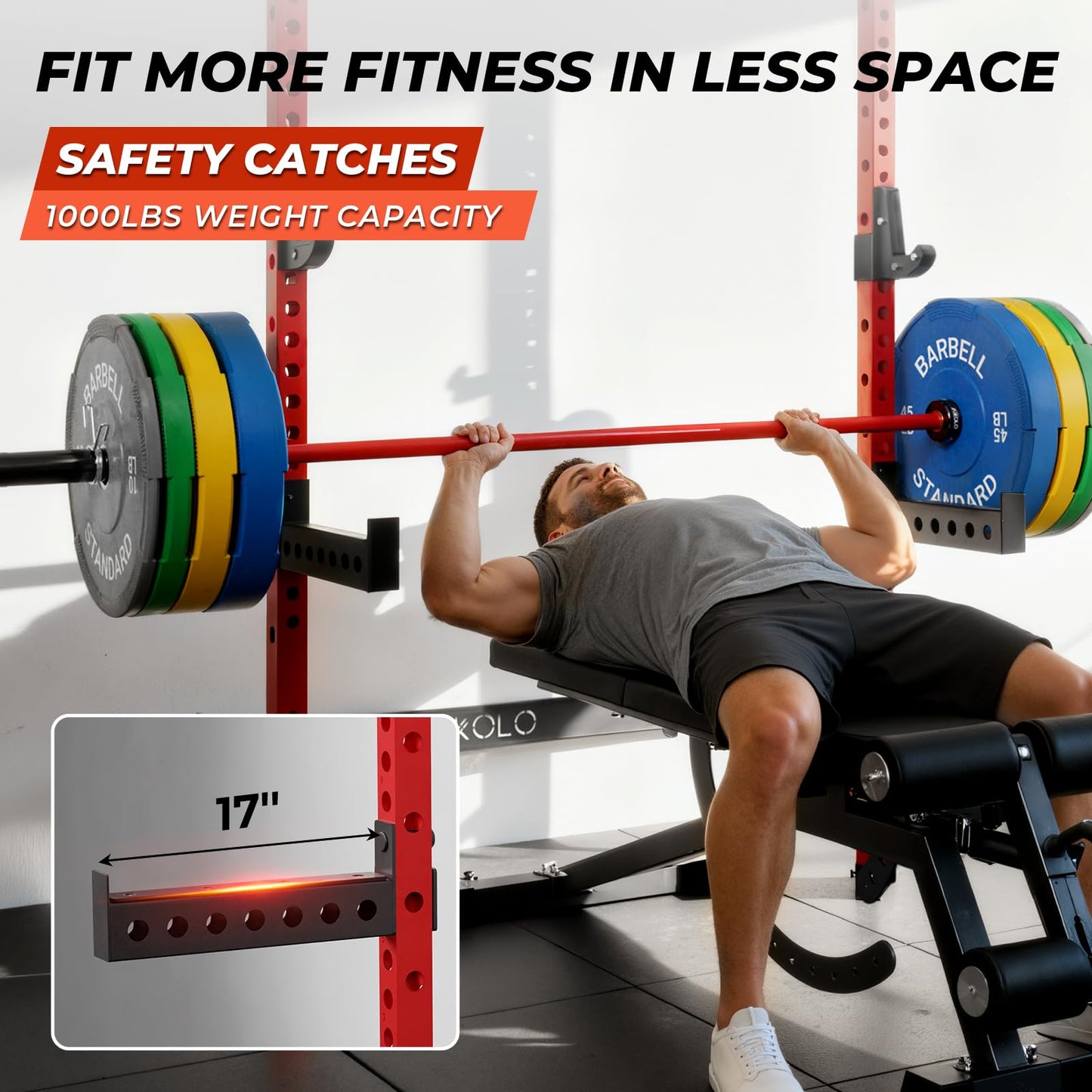 Mikolo 2" x 2" Folding Wall Mounted Squat Rack, 1000 Pounds Capacity Power Rack with Safety Catches, Pull Up Bar, J Hooks and Landmine Attachment, Space-Saving Home Gym(Red