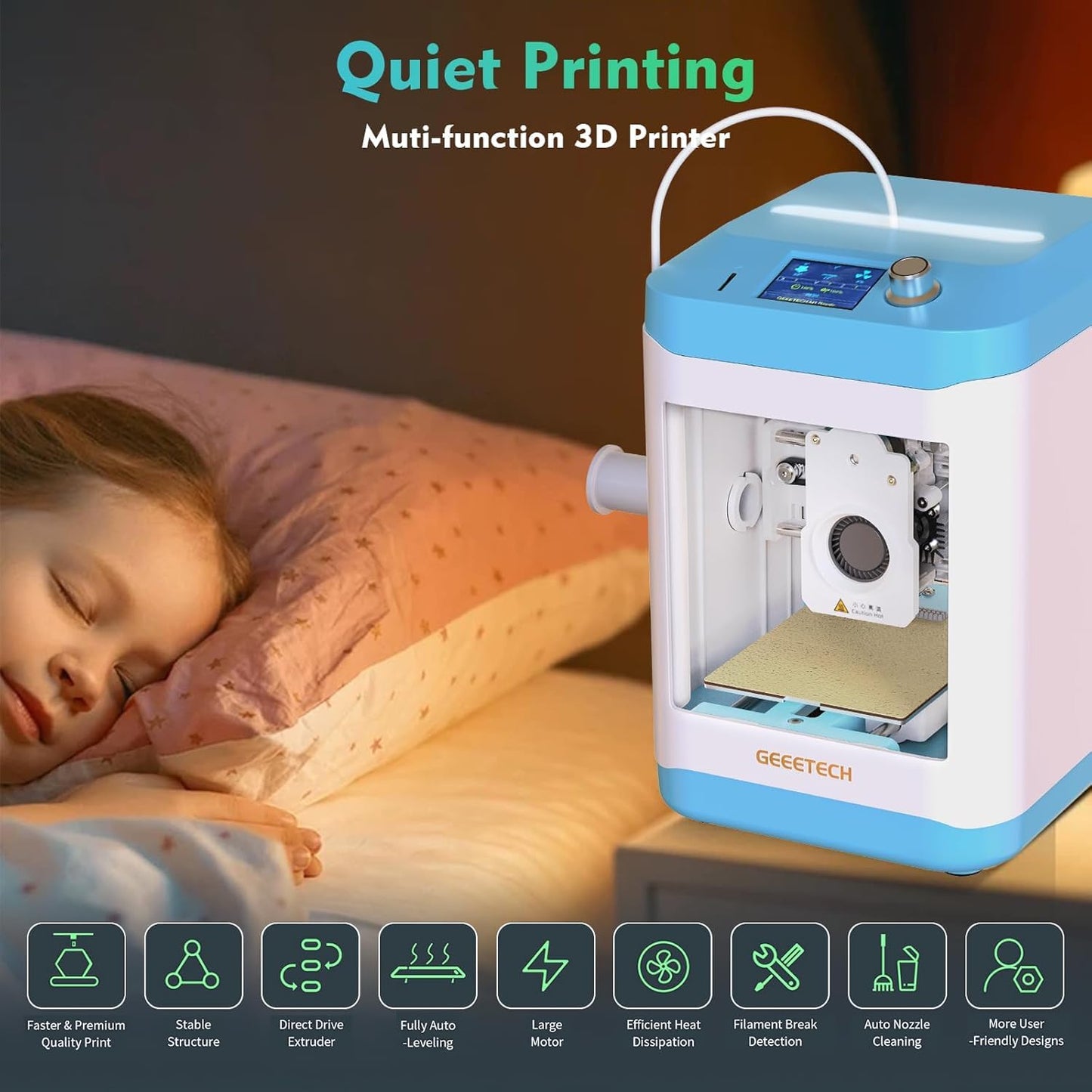 Geeetech Smart 3D Printer for Kids and Beginners, WiFi Mini 3D Printers with App Control, High Speed and Quality Printing, Fully Assembled and Auto Leveling, Blue (Blue)