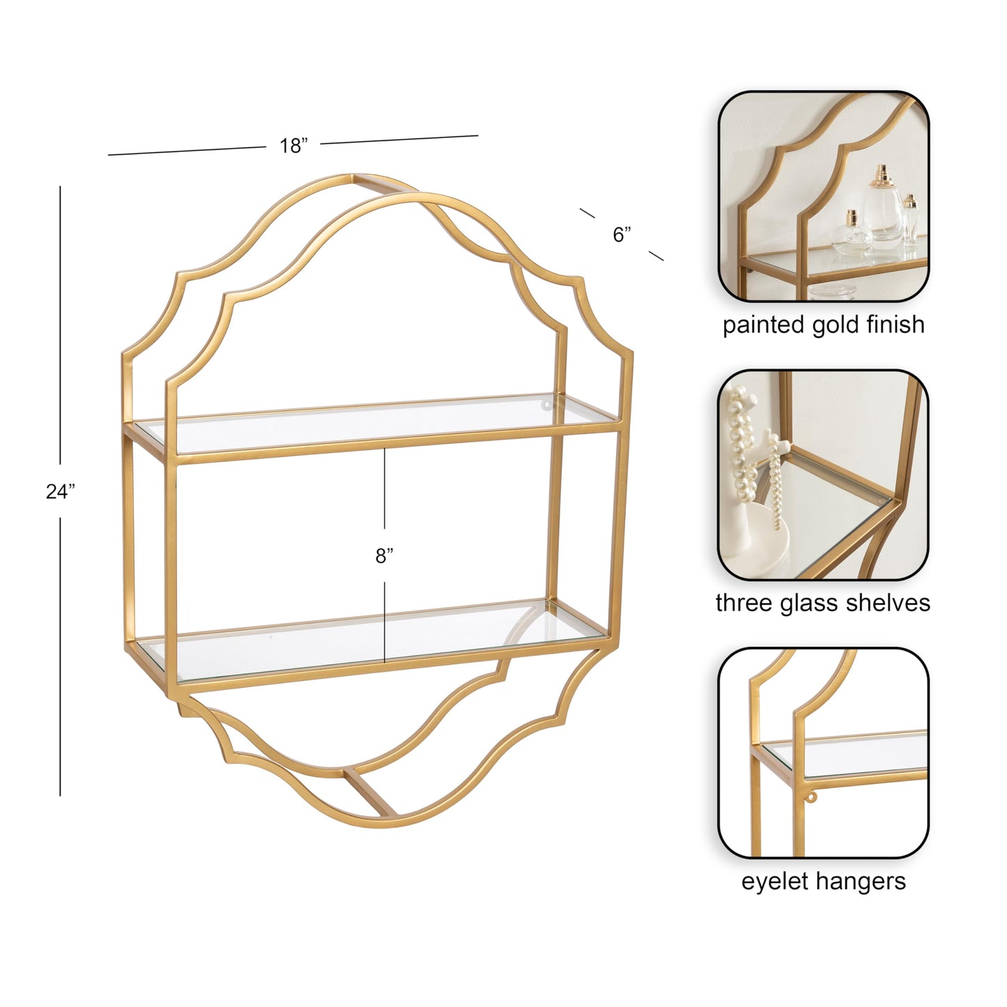 Kate and Laurel Leanna Scalloped Two-Tiered Wall Shelf, 18 x 6 x 24, Gold, Decorative Floating Shelf Storage and Wall Organizer for Bathroom Over Toilet Storage or Display
