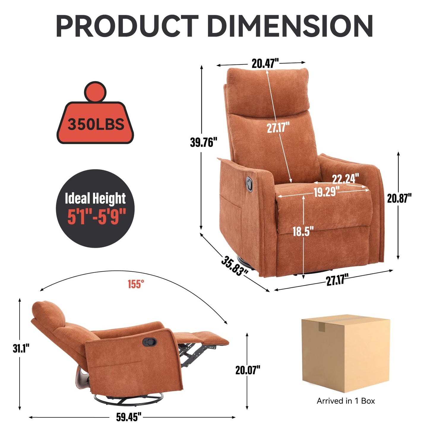 KEIKI Heat Massage Manual Recliner Chair with Rocker and Swivel, 360° Swivel 8-Point Massage Heat Polyester Rocker for Home Theater Gaming Entertainment Living Space, Vibrant Modern Orange