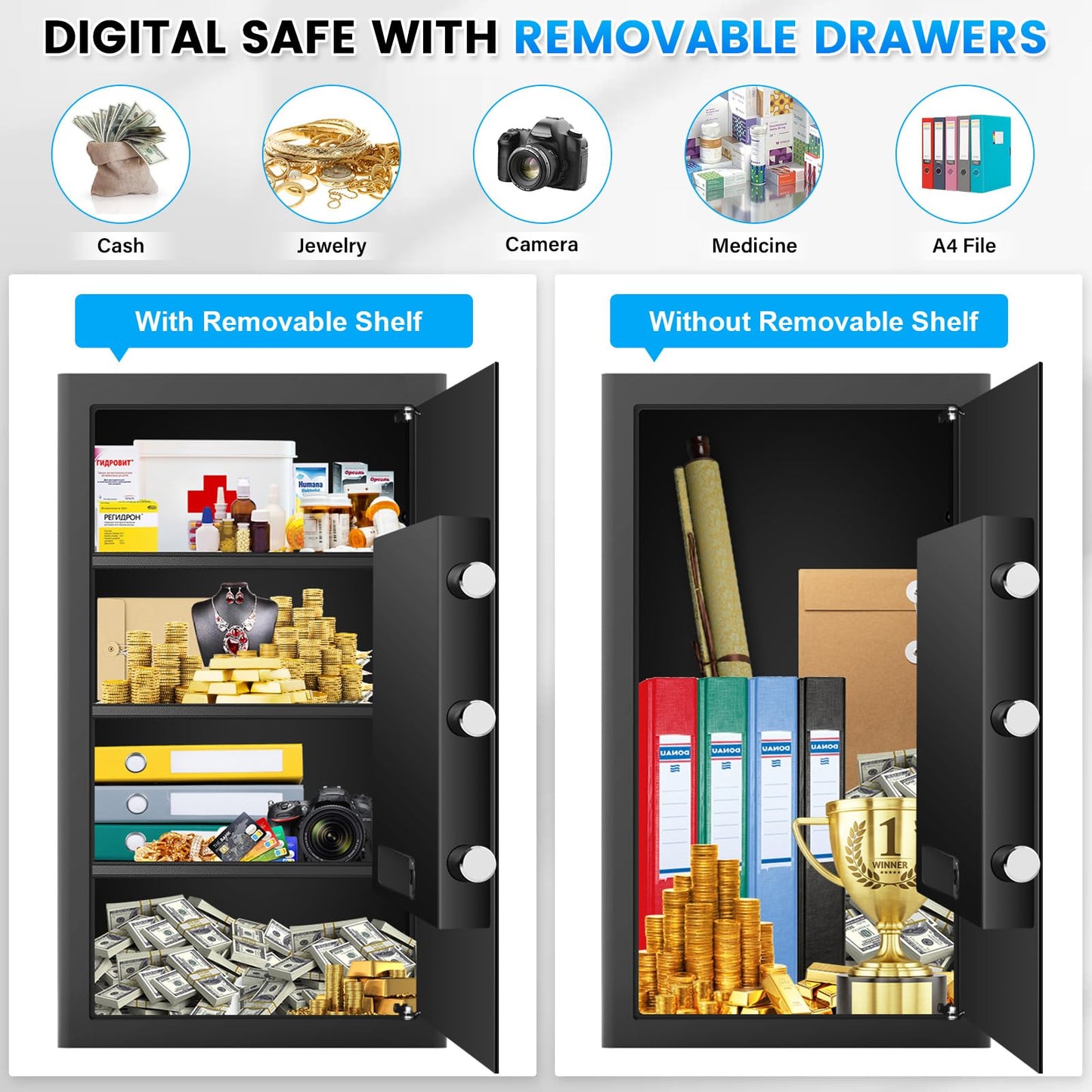 [25.6'' Tall] Large Home Safe, Digital Safe Box with Alarm System, Electronic Keypad and Emergency Keys, Security Cabinet Safes for Home Document Ammo Medicine