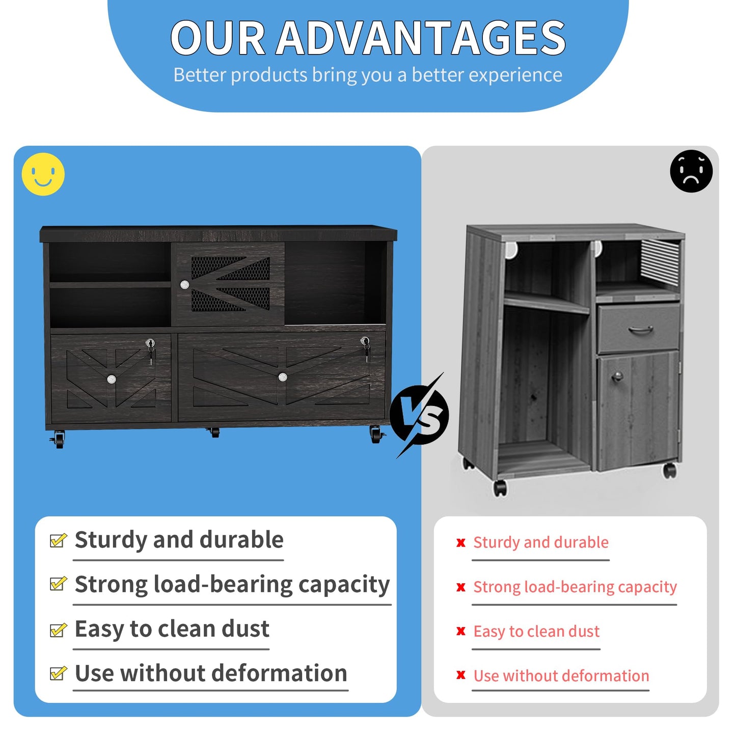 kepptory Lockable 2-Drawer Lateral File Cabinet with Open Storage Shelves, Rolling Filing Cabinet for Home Office, Holds Letter/Legal/A4 Files, Heavy Duty Mobile File Cabinet, Gray